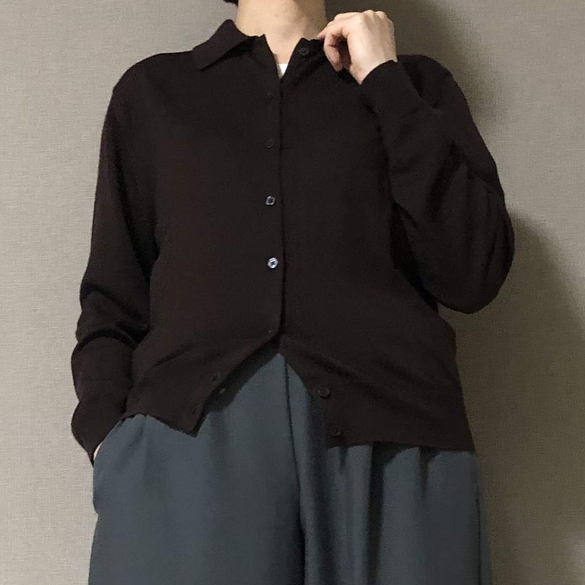 無印良品　婦人　洗えるウールハイゲージポロカーディガン　ダークブラウン　S　サイズ