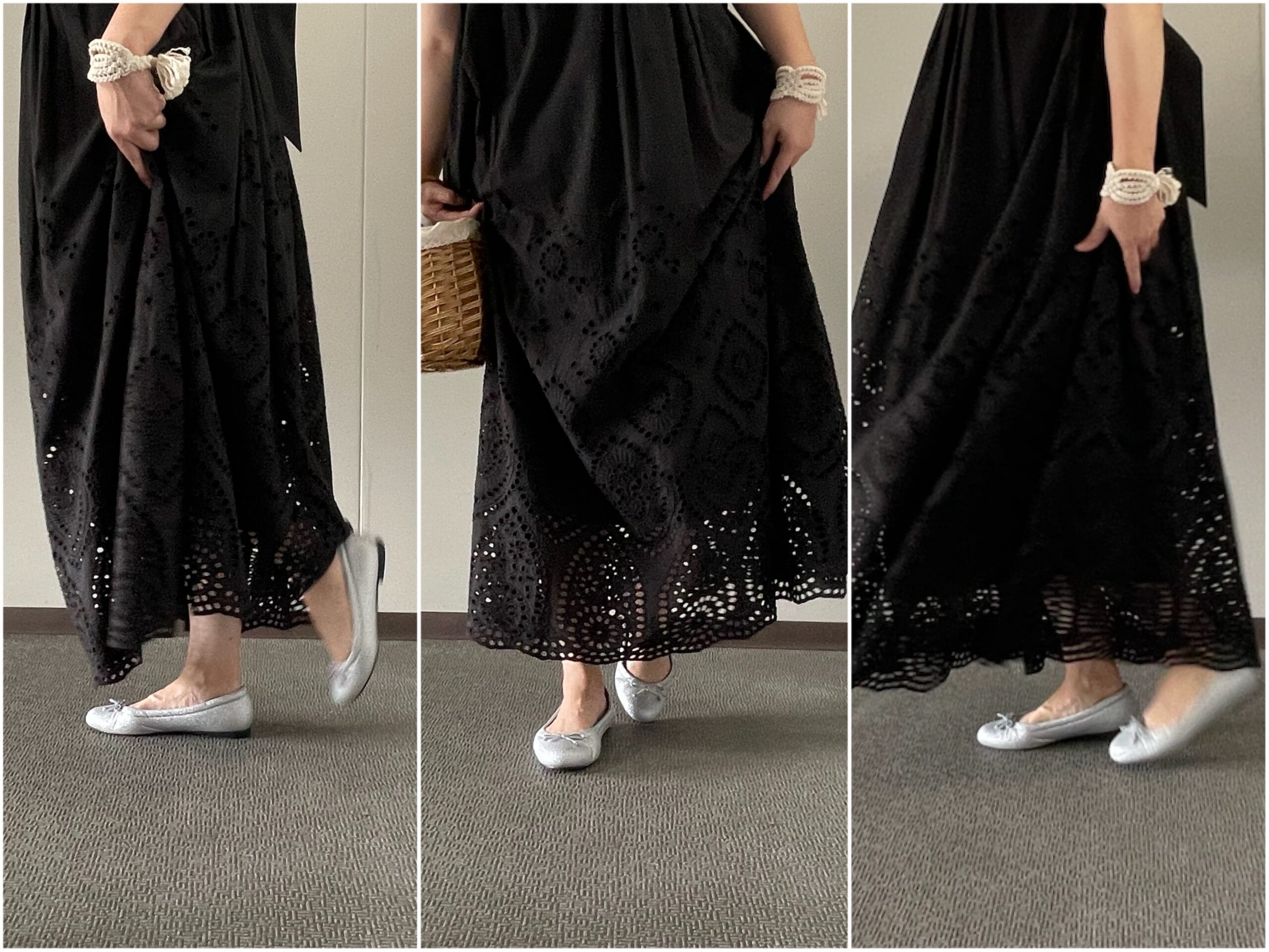 “COCOCee（ここちぃ）”シリーズのバレエパンプス（シルバーグリッター）を実際に履いて歩いてみた写真【その1】