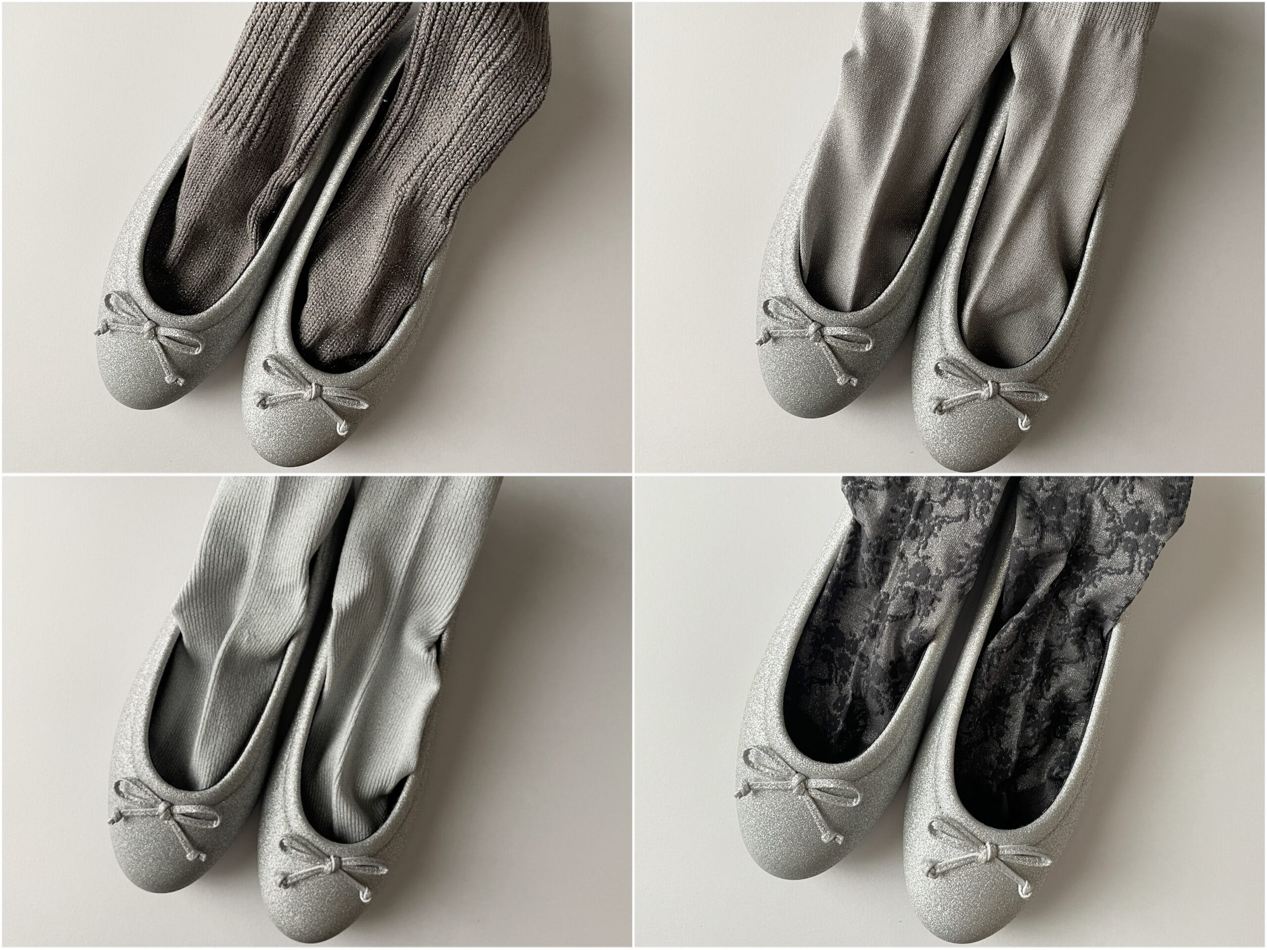 “COCOCee（ここちぃ）”シリーズのバレエパンプス（シルバーグリッター）と、シルバーのソックス合わせ4変化