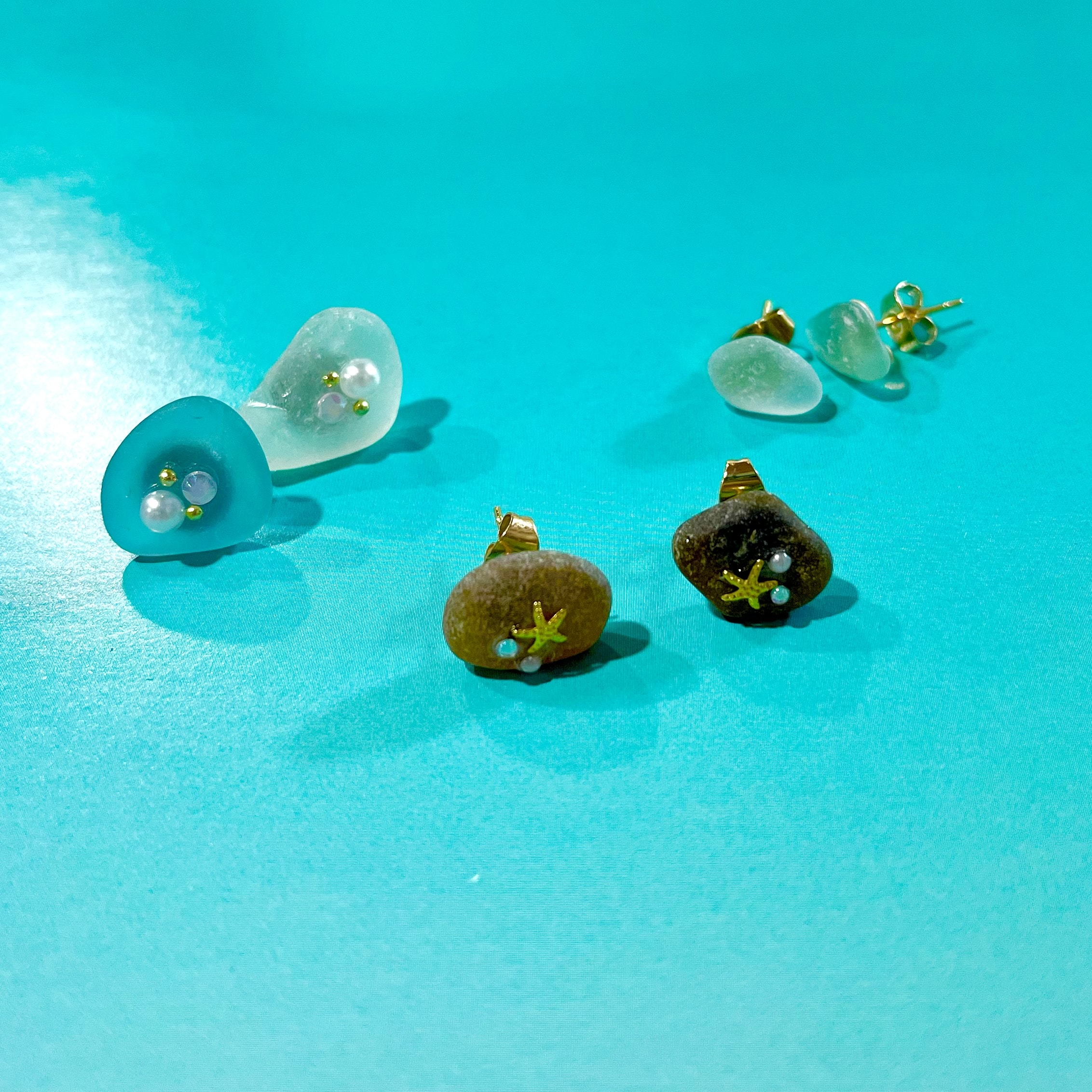 完成したシーグラスのピアス３種