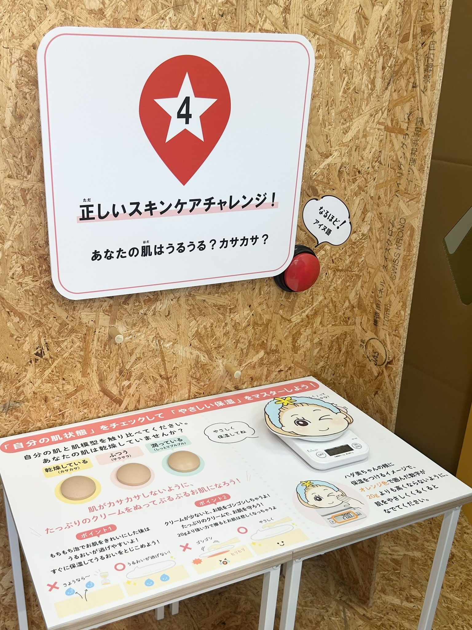 ナチュの森「森の工舎」ぎゃラリーで行われている「なるほど！肌とからだチャレンジ展」のエリア１の展示物　スキンケアの方法