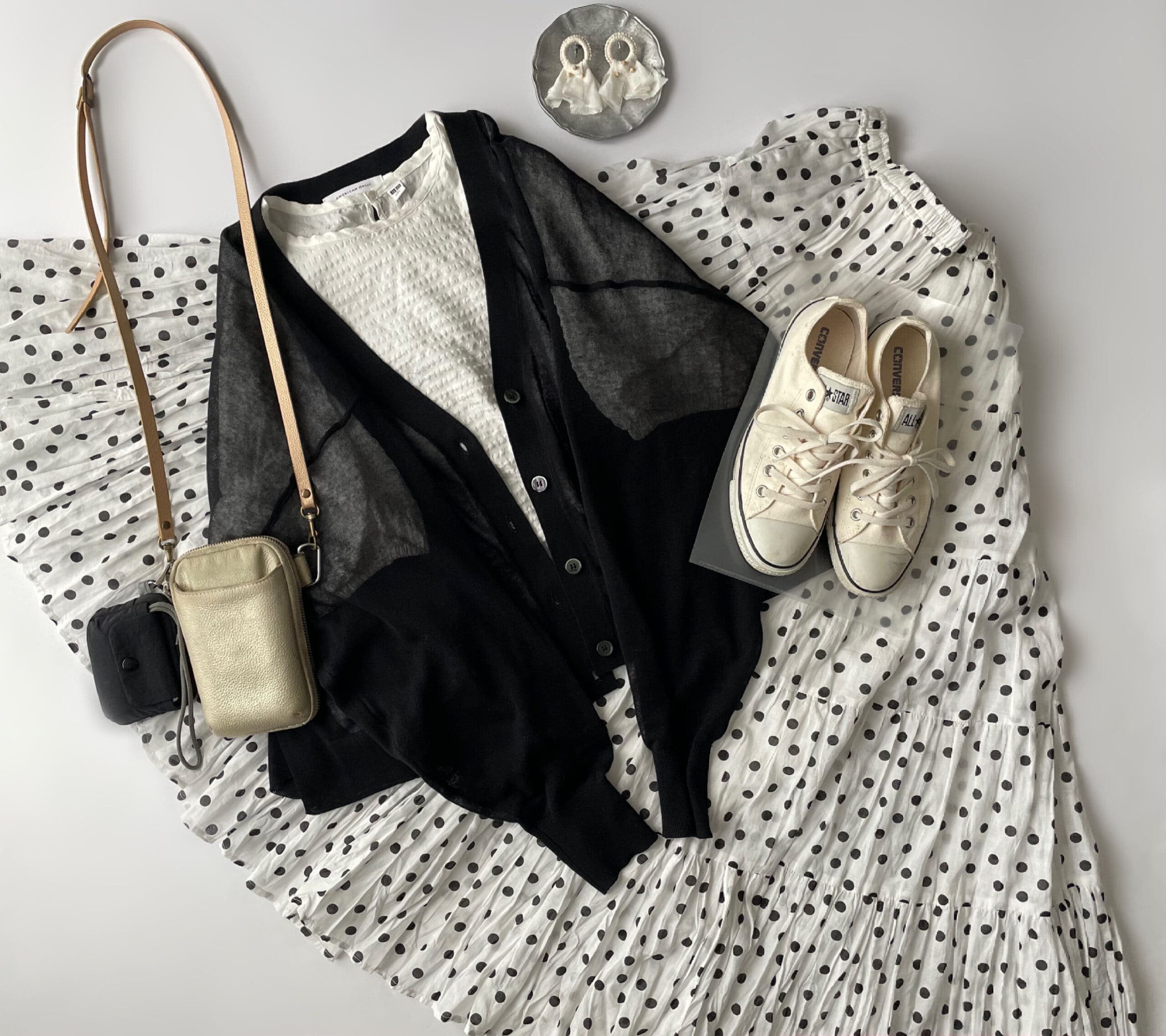 40代女性の2025年9月中旬コーデ、ユニクロのシアサッカーブラウスにアメリカンホリックの黒カーディガン、Fanakaのドットスカートを合わせたフラットレイ画像。