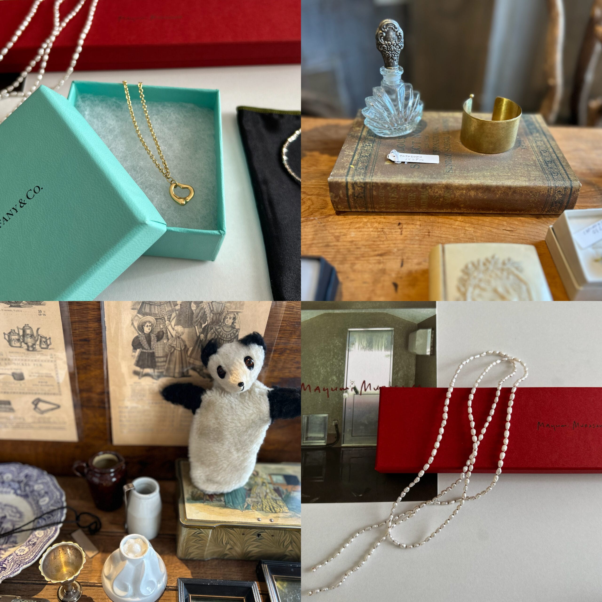 40代後半女性のティファニーのオープンハートブレスレット、真鍮とパールのアクセサリー