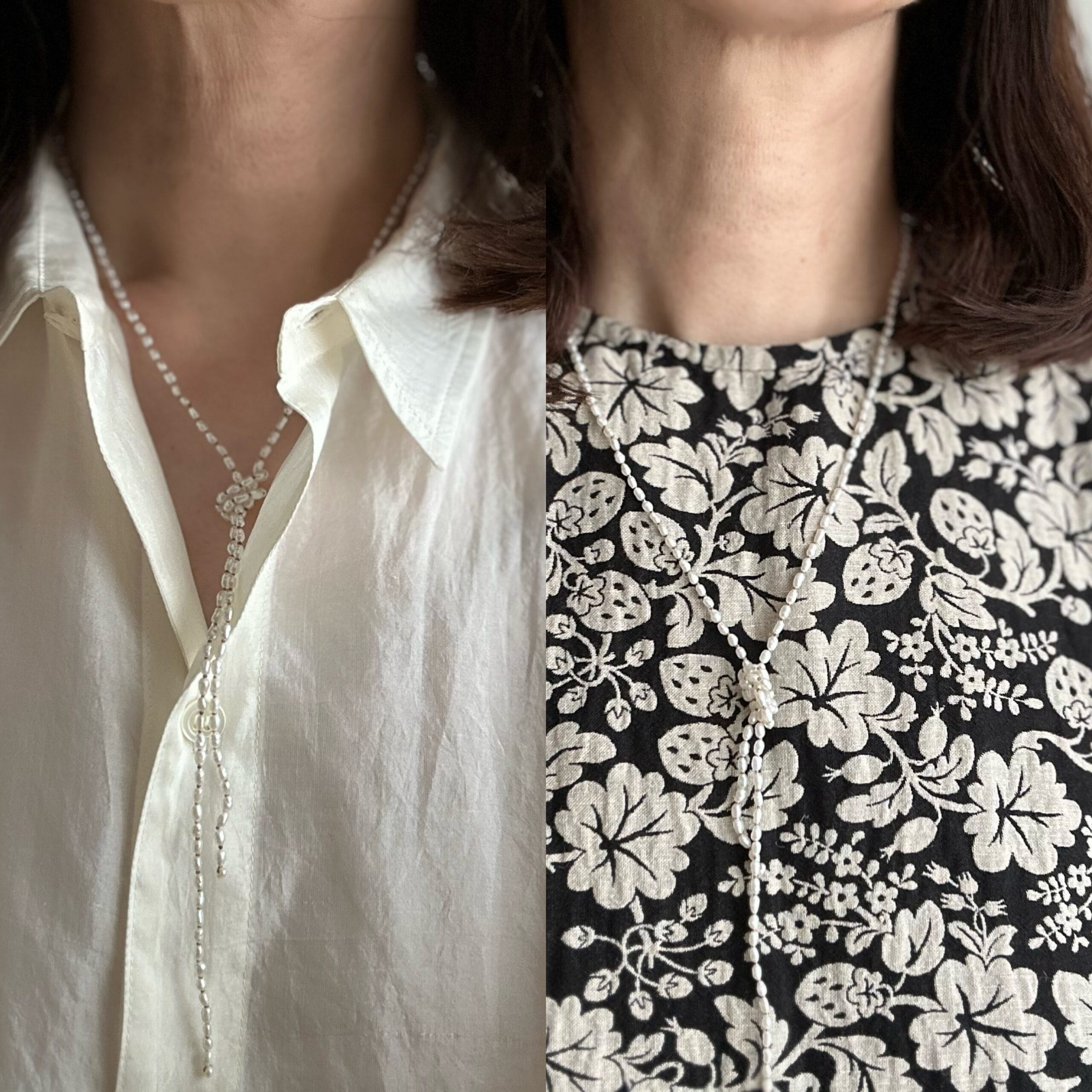 40代後半女性のカジュアル淡水パールネックレス着画