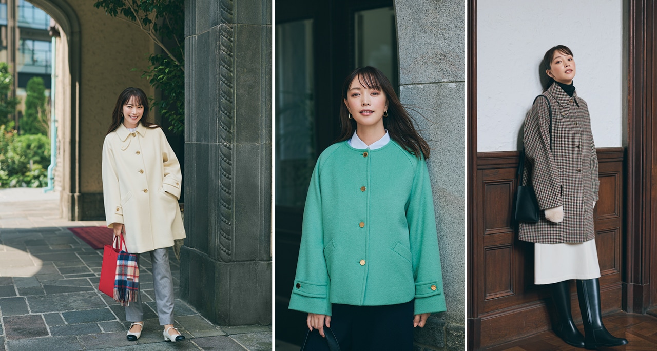 蛯原友里さんの「ウェルベリー」華やかなオフホワイト、軽快なショート丈、トレンドのチェック柄の、大人に似合う3タイプのコーデ