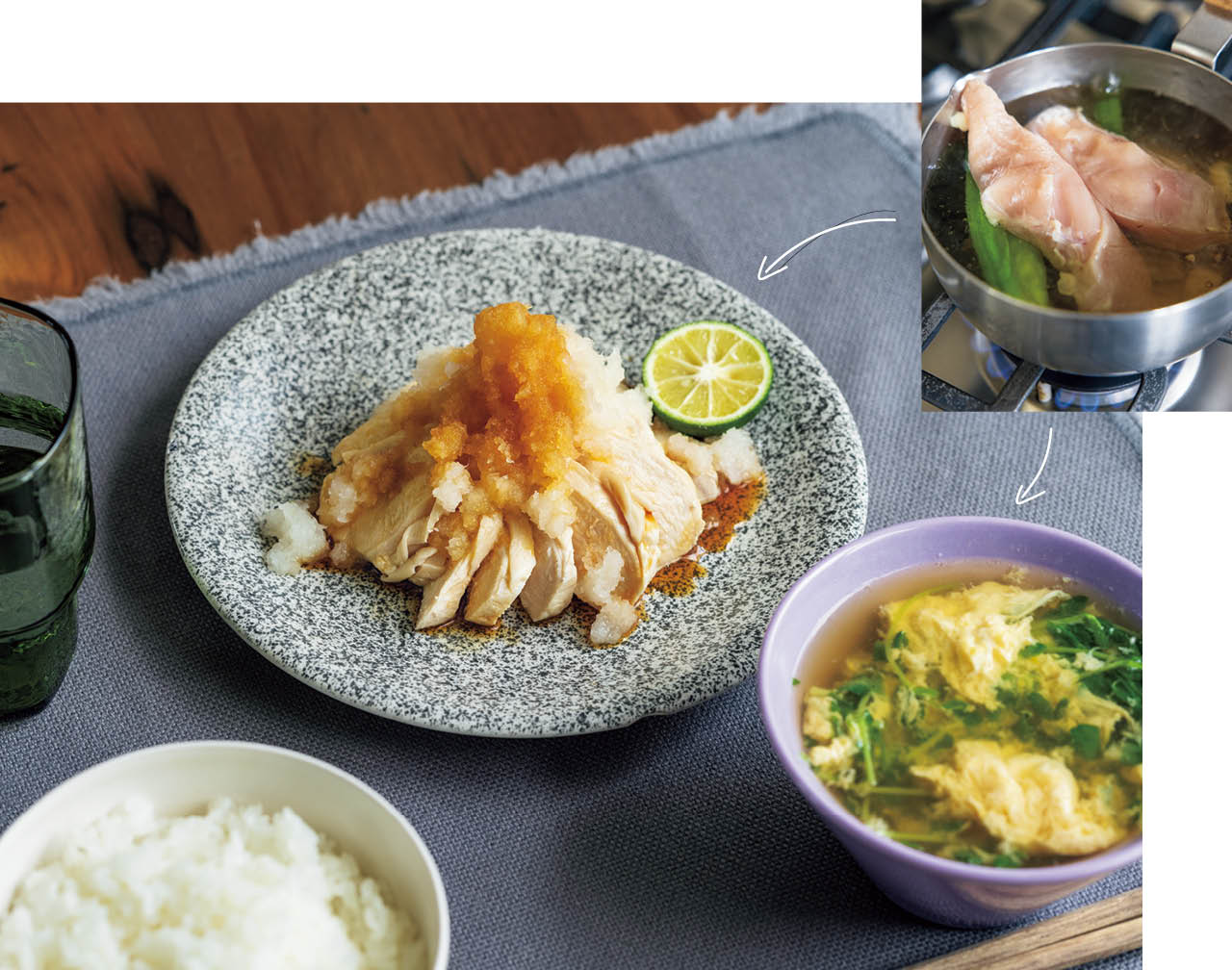 ゆで鶏のおろし添え＋豆苗の卵スープ