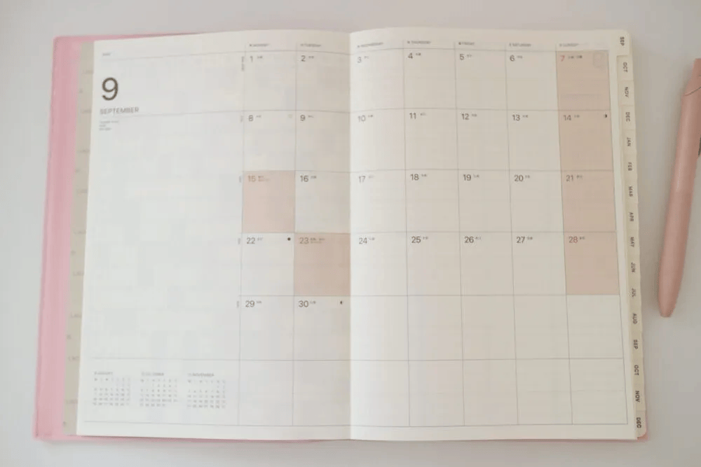 ラコニック「仕事計画 DIARY2026／Pre.9 A5バーチカルレフト」月間スケジュールページ