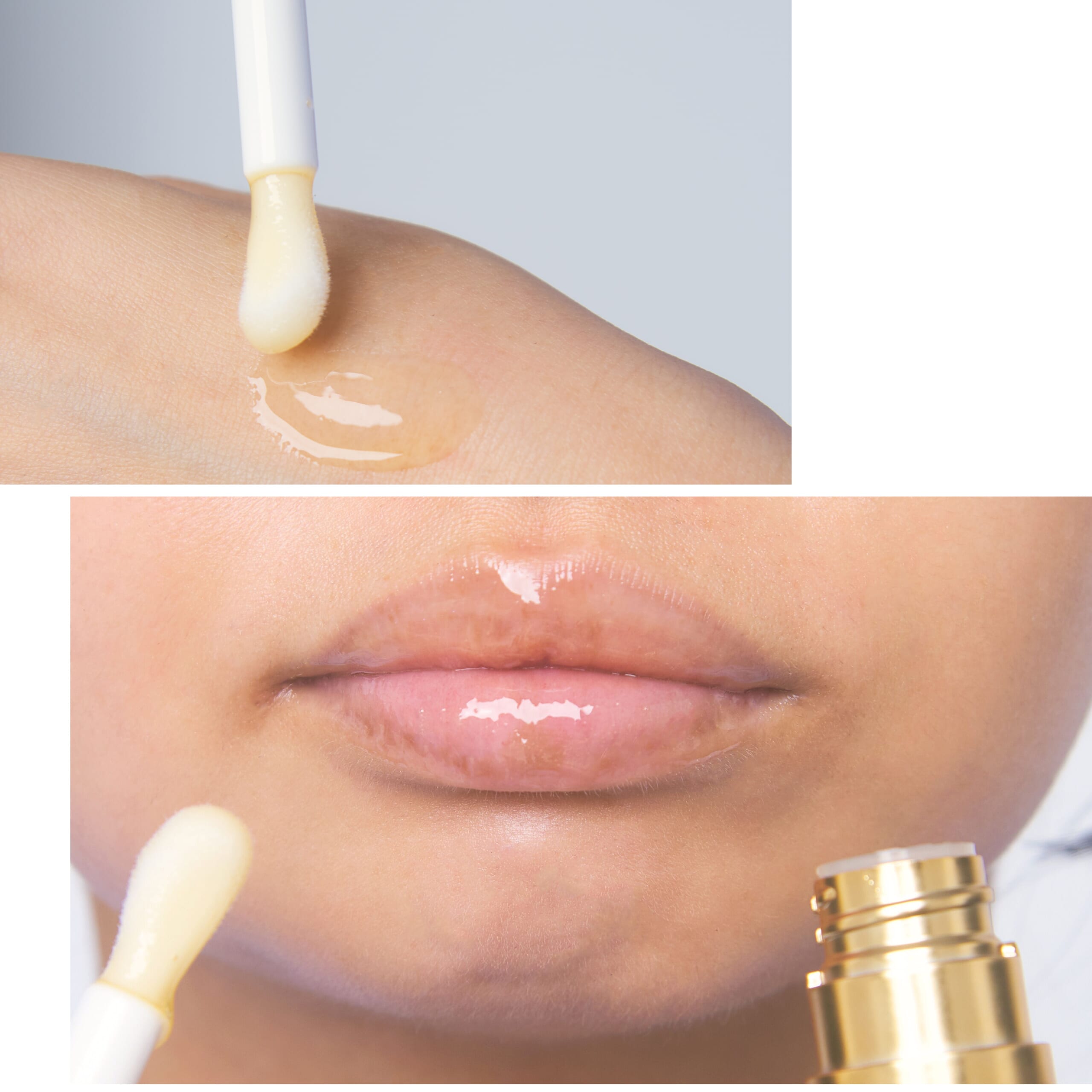 スリーピングリップセラムのテクスチャーと、唇に使用しているところ。