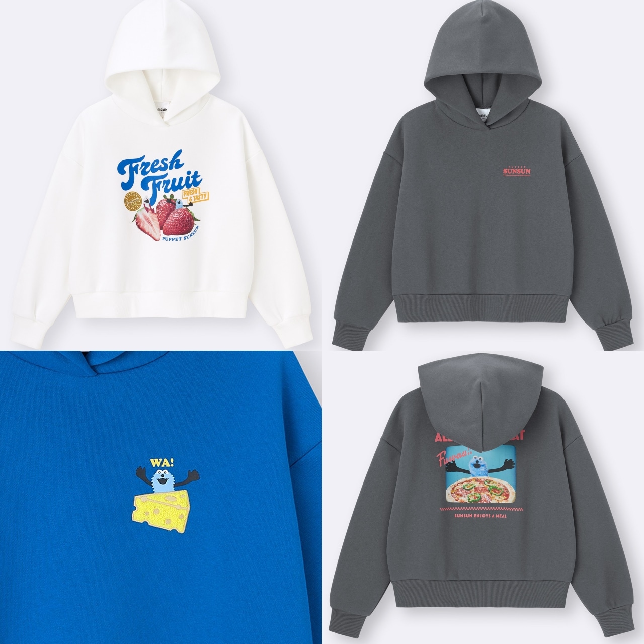 GUパペットスンスンコラボのヘビーウェイトスウェットパーカ3色