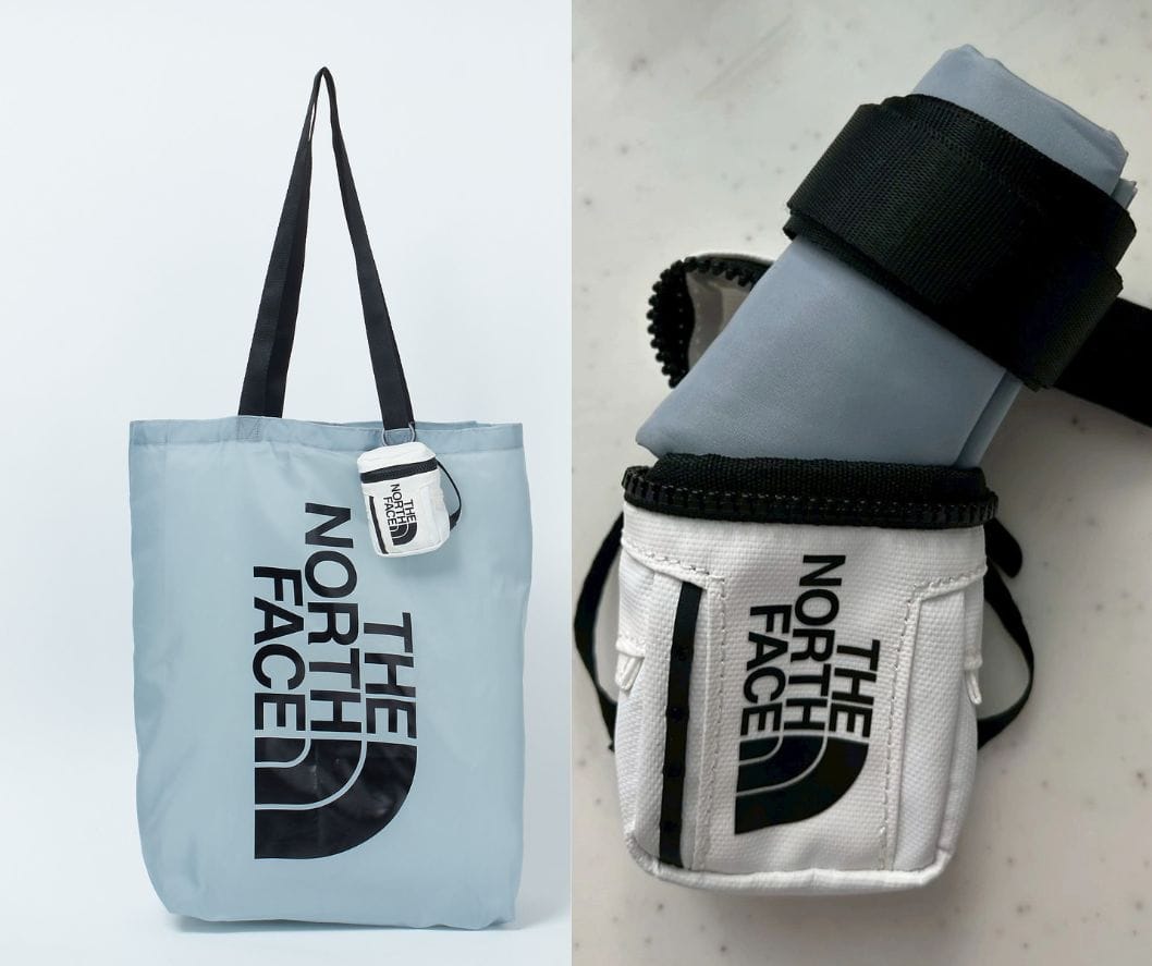"THE NORTH FACE
BC Fuse Box Eco Tote（キーホルダー型エコトート）
￥6,600"　チャームからバッグを出している画像　エコバッグにチャームを付けた様子　色：ホワイト