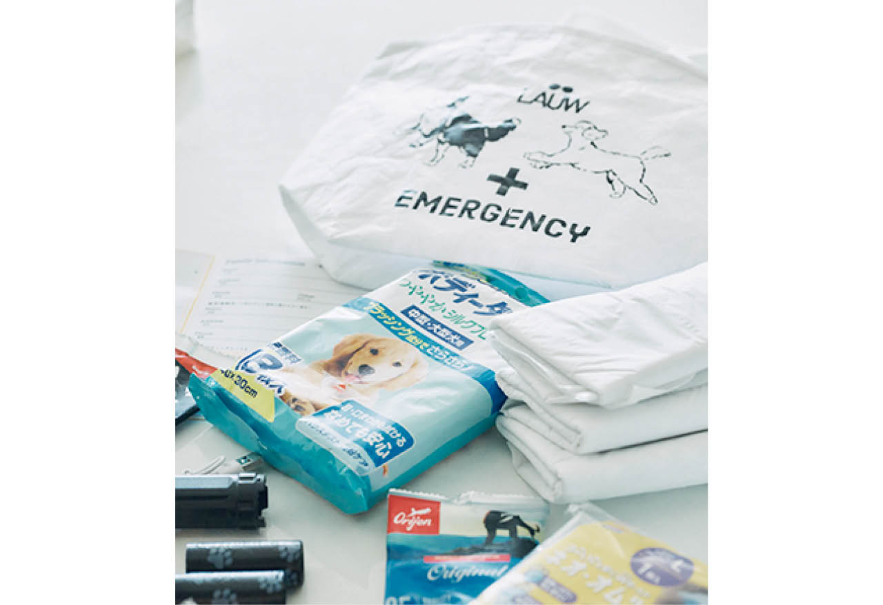 モデルの小野千恵子さんが手がける「LAUW」の犬用防災バッグ。トイレシートやライトなど、災害時の備えに。