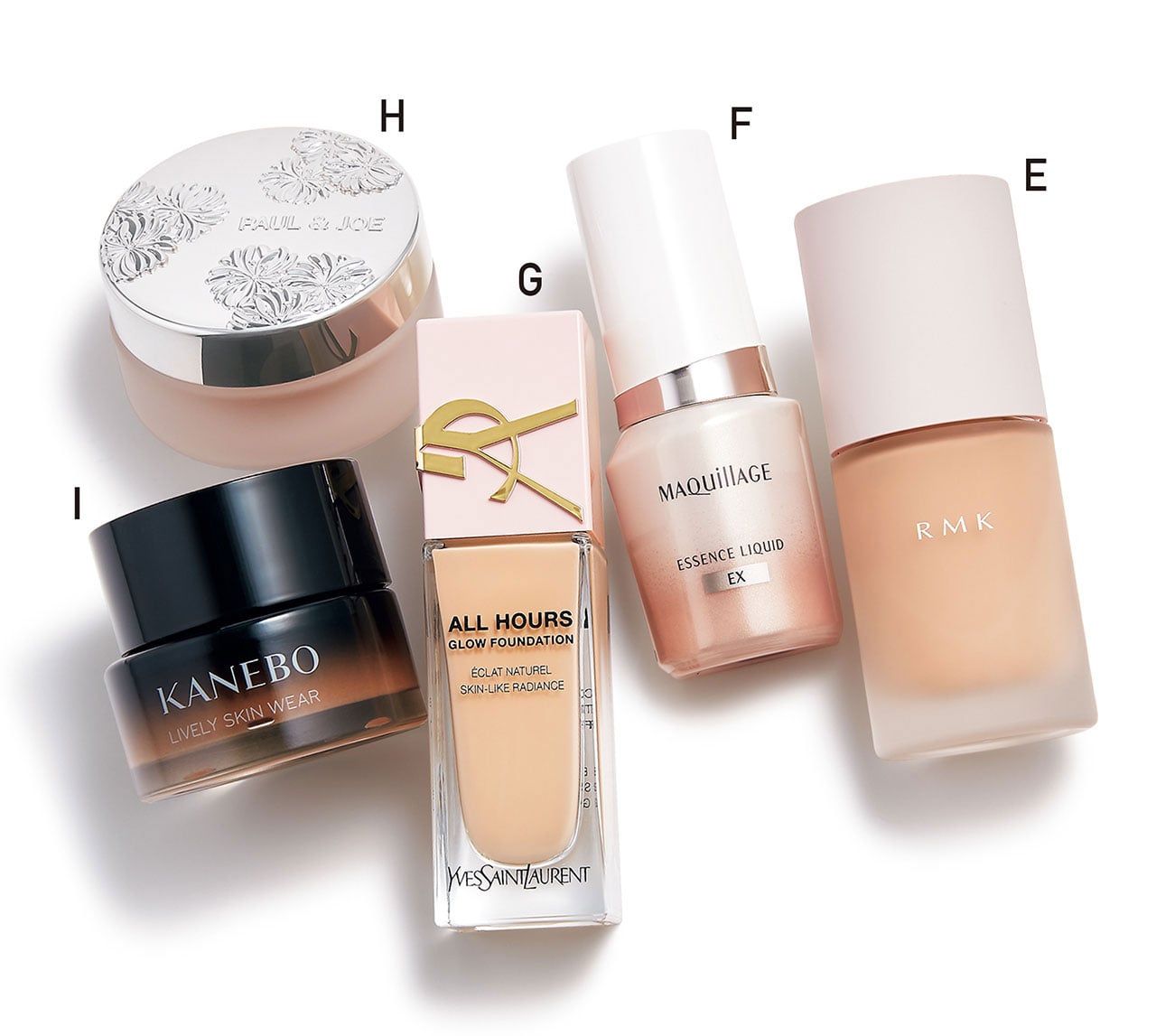 リクイドファンデーション フローレスカバレッジ プラス SPF20～・PA＋～ 全9色￥6600／RMK Division　エッセンスリキッド EX SPF50＋・PA＋＋＋＋ 全5色￥3740／マキアージュ　オールアワーズ リキッド グロウ 全10色￥8360／イヴ・サンローラン・ボーテ　サブライム クリーム ファンデーション SPF30・PA＋＋ UV耐水性★ 全5色￥8800／ポール＆ジョー ボーテ　カネボウ ライブリースキン ウェアII SPF4・PA＋ 全10色￥12100／カネボウインターナショナルDiv.