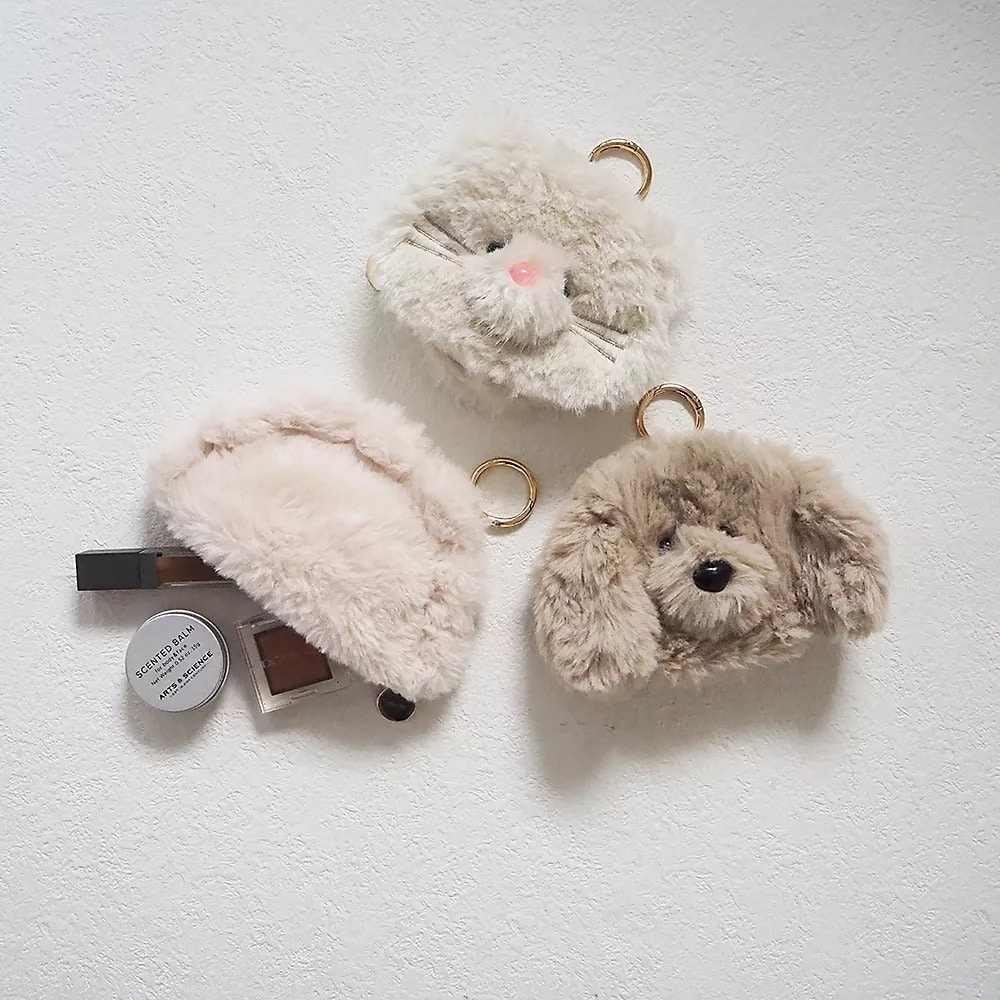 "JoliJoli
チャームポーチ
￥3,300"　ネコ　ふわふわ　ポーチ　キーホルダー　餃子　犬