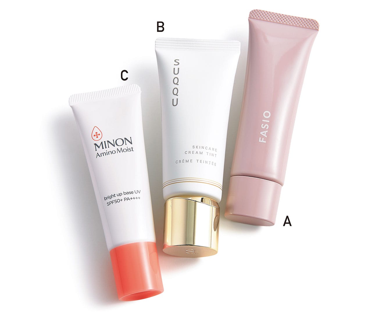 A.ファシオ うるおい整う クリーム下地（カバー） 01 SPF40・PA＋＋＋ 30ℊ￥1320（編集部調べ）／コーセー　B.スキンケア クリーム ティント SPF38・PA＋＋ 全3色￥8250／SUQQU　C.ミノン アミノモイスト ブライトアップベース UV SPF50＋・PA＋＋＋＋ 25ℊ￥1760（編集部調べ）／第一三共ヘルスケア