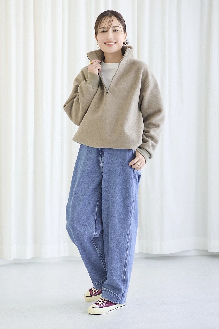 "12closet
【福田麻琴さんコラボ】【洗える】ハーフジップボアトップス
￥17,600"　ベージュ　モデル着用
