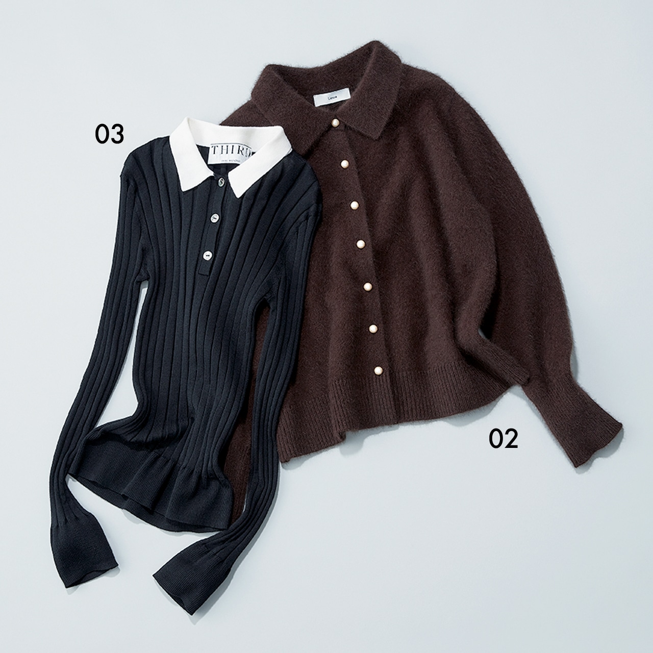 02.【Liesse（リエス）】の「衿つき」ニット　￥24000
03.【THIRD MAGAZINE（サードマガジン）】の「衿つき」ニット　￥33000