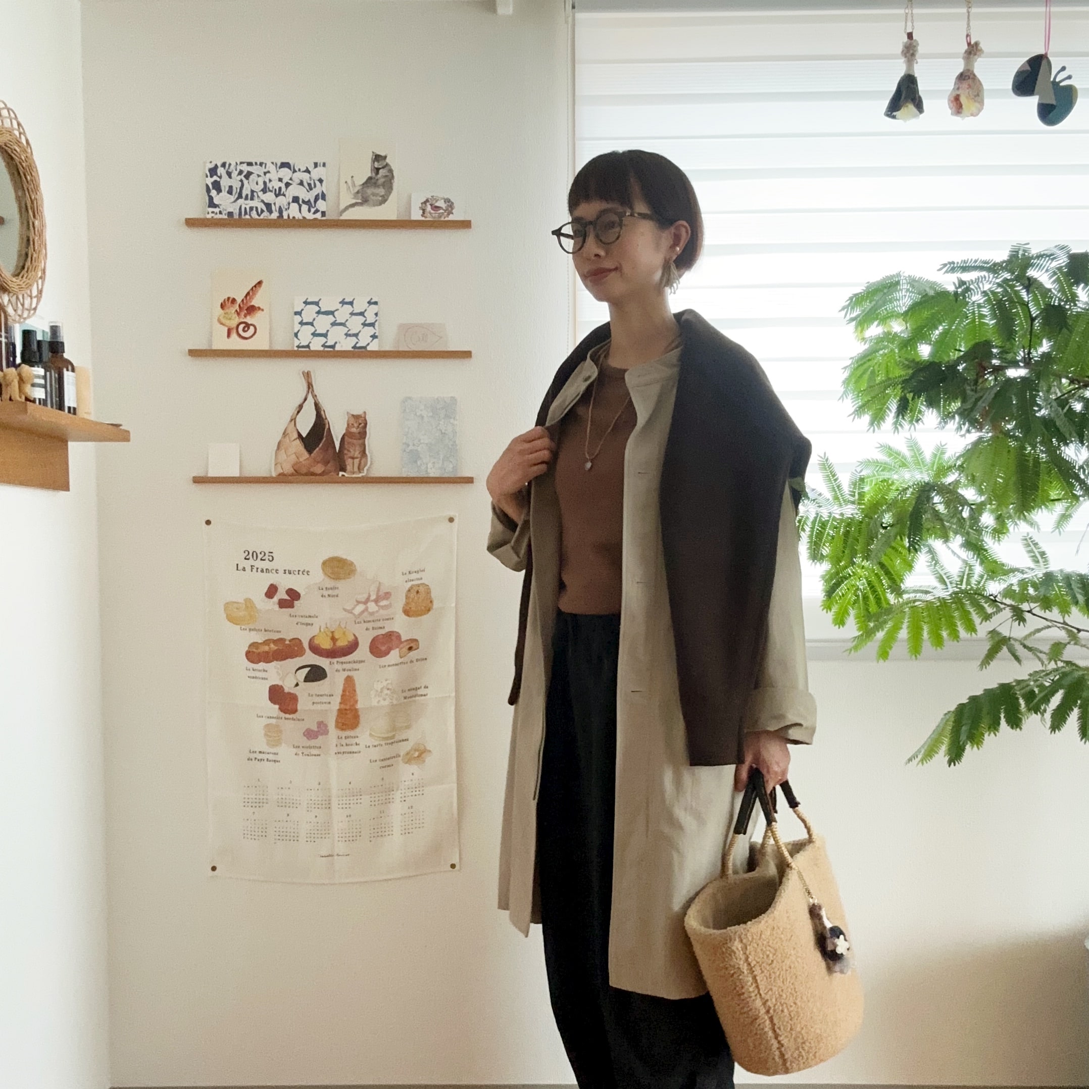 ユニクロ　ソフトリブクルーネックT/長袖　ブラウン　コーデ