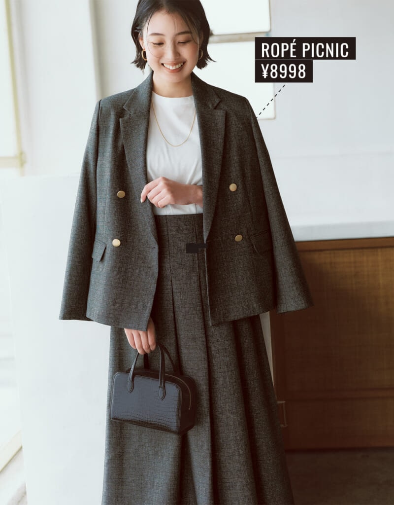 【ROPÉ PICNIC（ロペピクニック）】グレーのチェック柄ジャケットコーデ エディター 高橋夏果さん