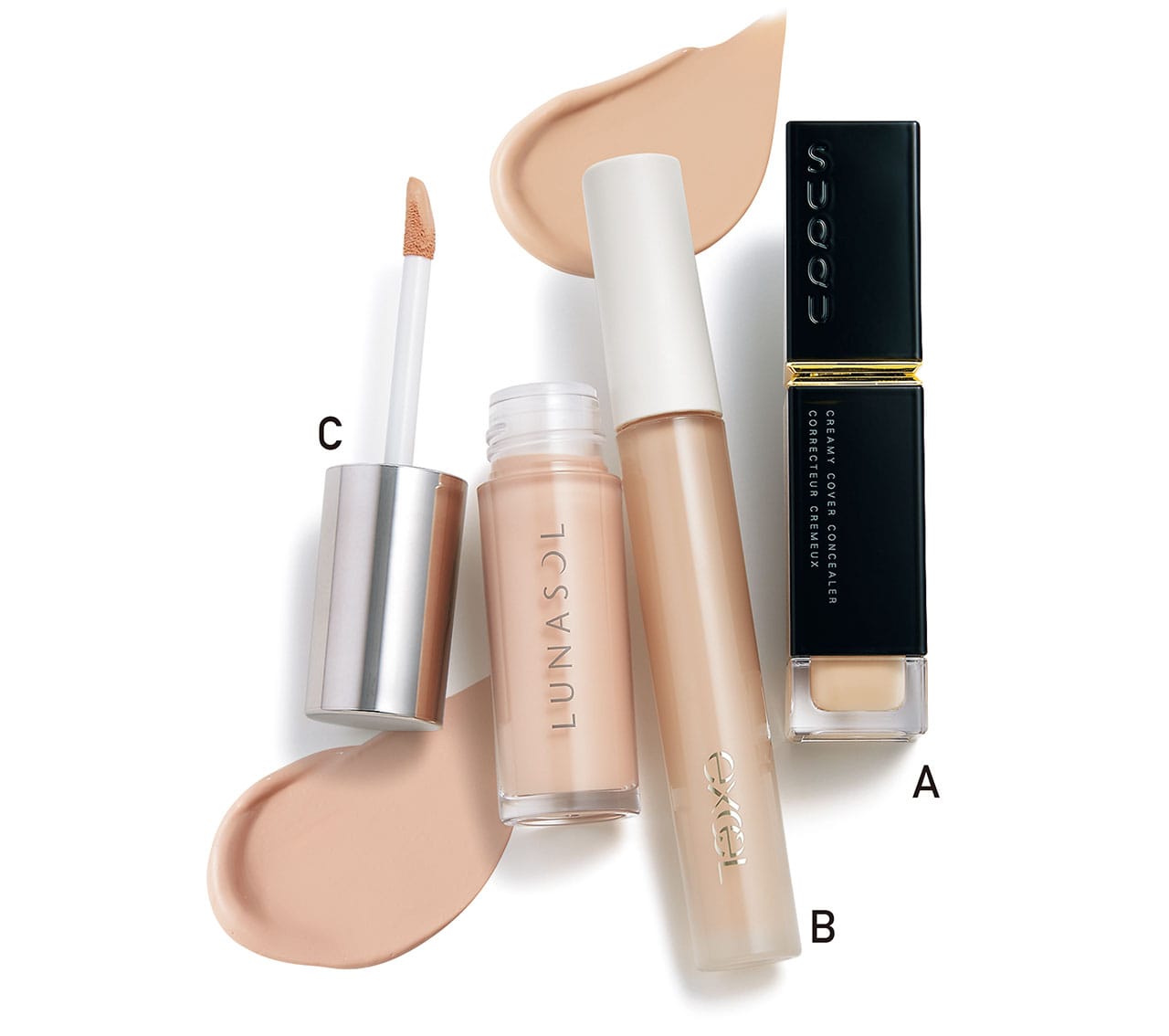 A.クリーミィ カバー コンシーラー 全10色￥5500／SUQQU　B.エクセル エシリアル セラムコンシーラー ER02￥1760／常盤薬品工業（サナ）　C.ルナソル シームレスコレクティングリクイド 02￥4400／カネボウ化粧品