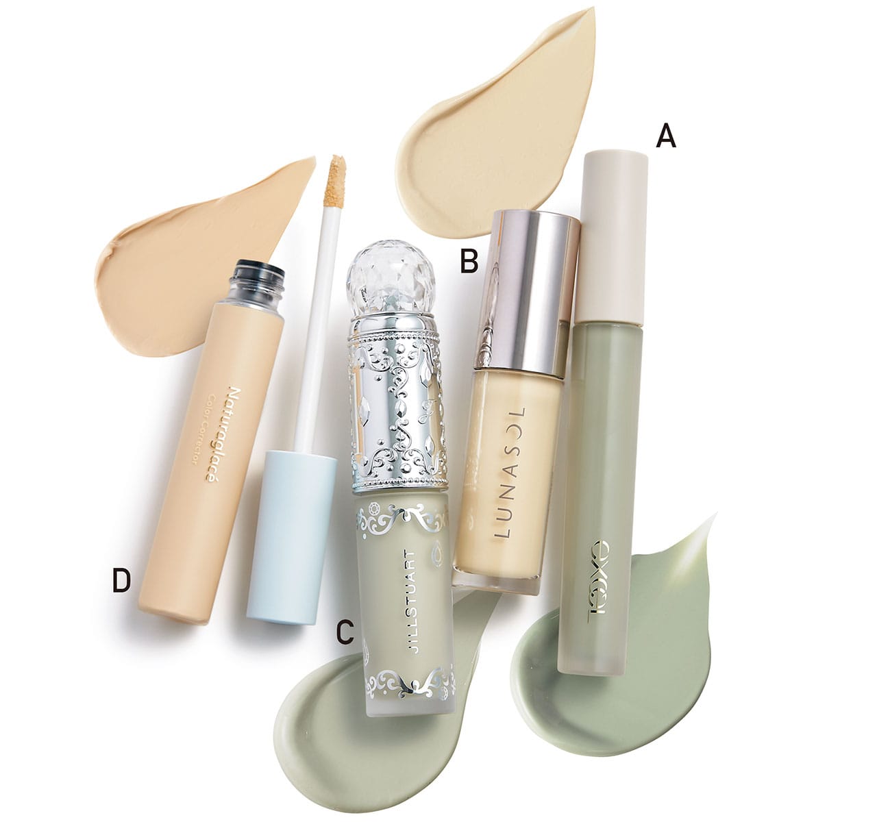 A.エクセル エシリアル セラムコンシーラー ER04￥1760／常盤薬品工業（サナ）　B.ルナソル シームレスコレクティングリクイド 04￥4400／カネボウ化粧品　C.ダイヤモンドティップス コンシーラー C12￥3300／ジルスチュアート ビューティ　D.カラーコレクター 02￥3080／ナチュラグラッセ