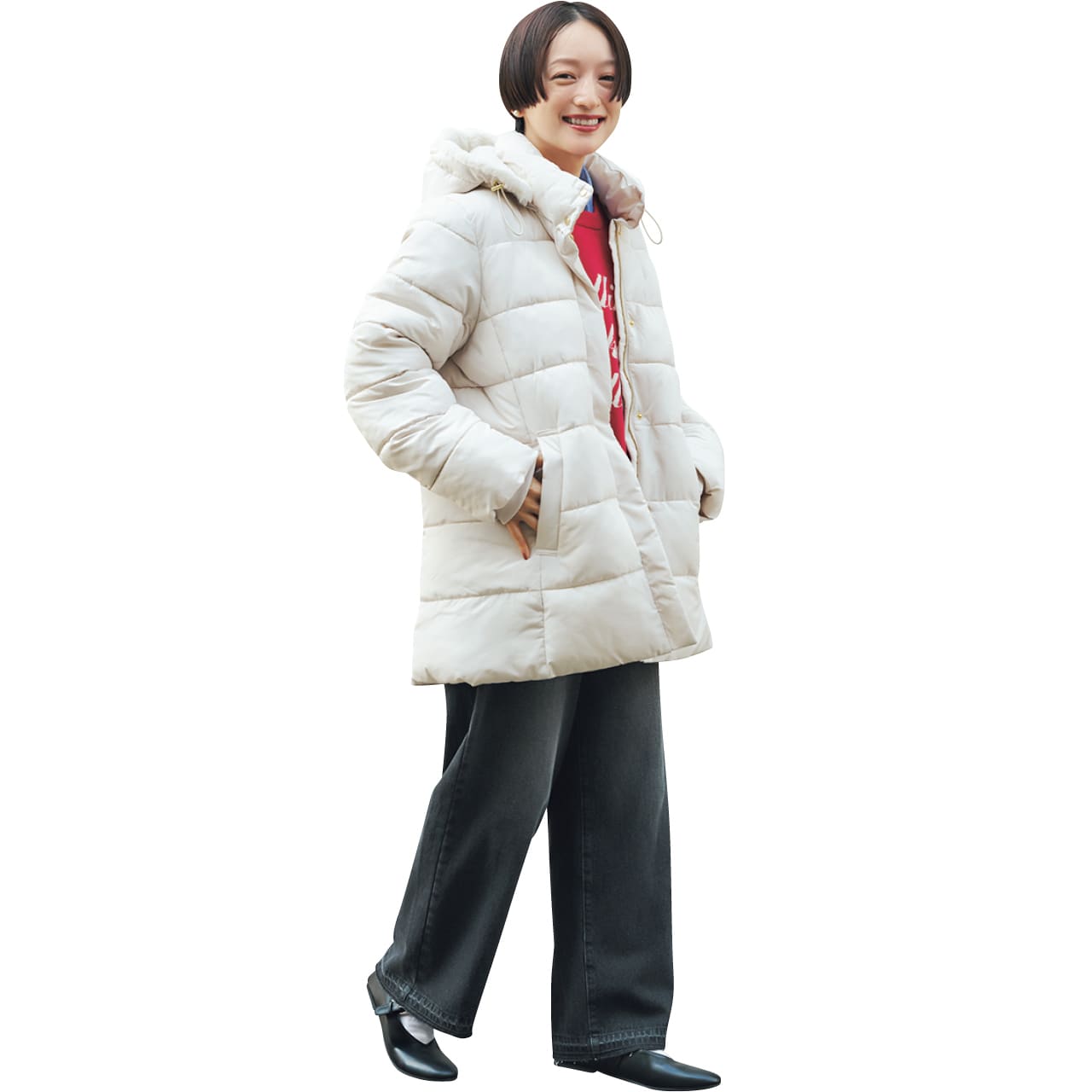 高山都さんの「Samansa Mos2 blue」スタイルアップパデットコート（白）のコーデ