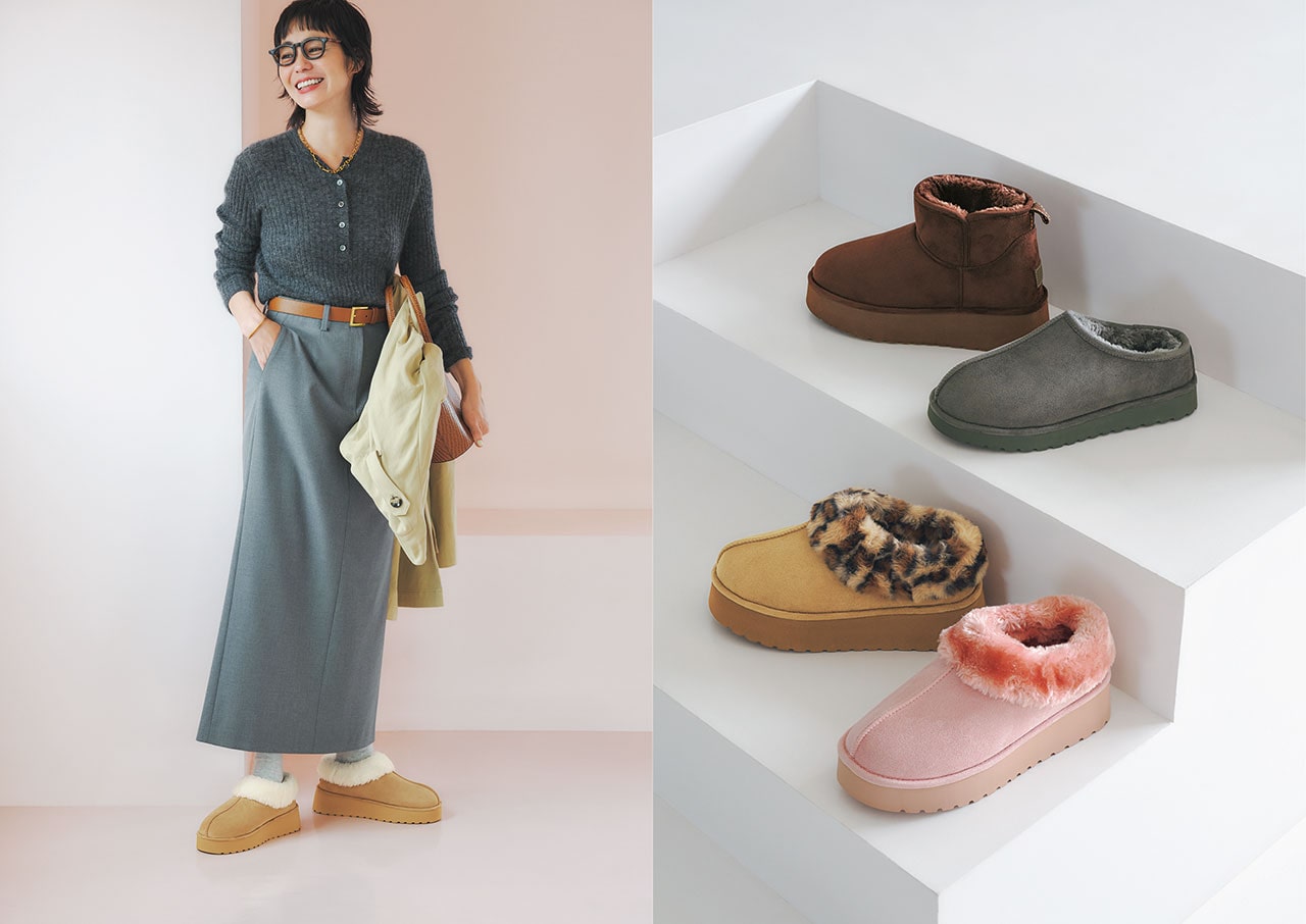 靴【W3063】￥6490／ABCマート（ABC SELECT）　ニット￥42900／インターリブ（サクラ）　スカート￥12000／プラステ　メガネ￥46
200／アイヴァン 東京ギャラリー（アイヴァン）　ネックレス￥24200／フラッパーズ（メラキ）　バングル￥32560／ズットホリック（ソコ）　ベルト￥19800／オブリオ（アトリエ アンボワーズ）　
バッグ￥37500／トゥティエ　コート￥104500／グリードインターナショナル（ベッド＆ブレックファスト）　靴下￥1320／タビオ　　モデル／竹下玲奈　【W3063】（各）￥6490／ABCマート（ABC SELECT）