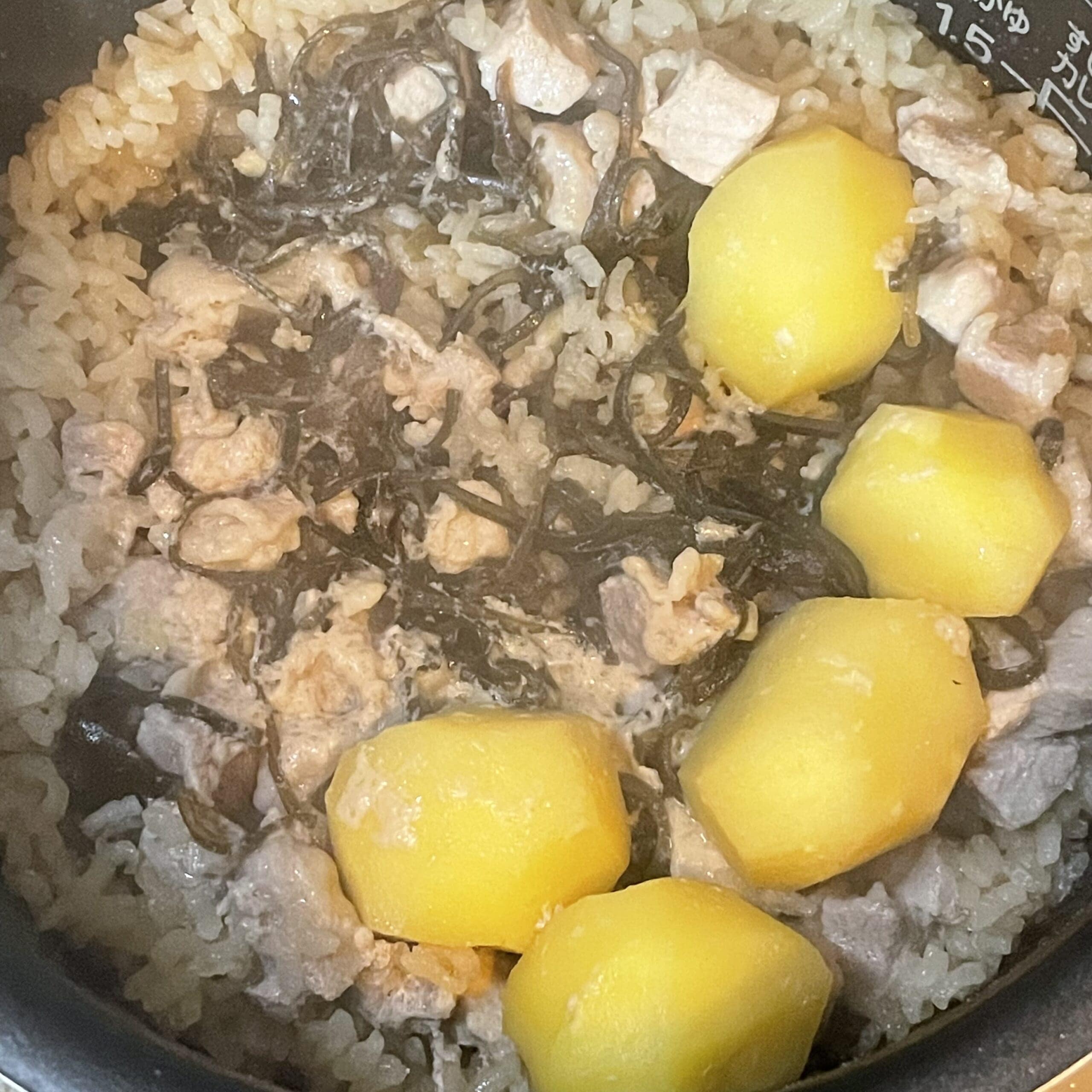 長谷川あかりさんのレシピ「豚肉と塩昆布の炊き込みごはん」を40代主婦が作ってみた、炊飯器の中の写真