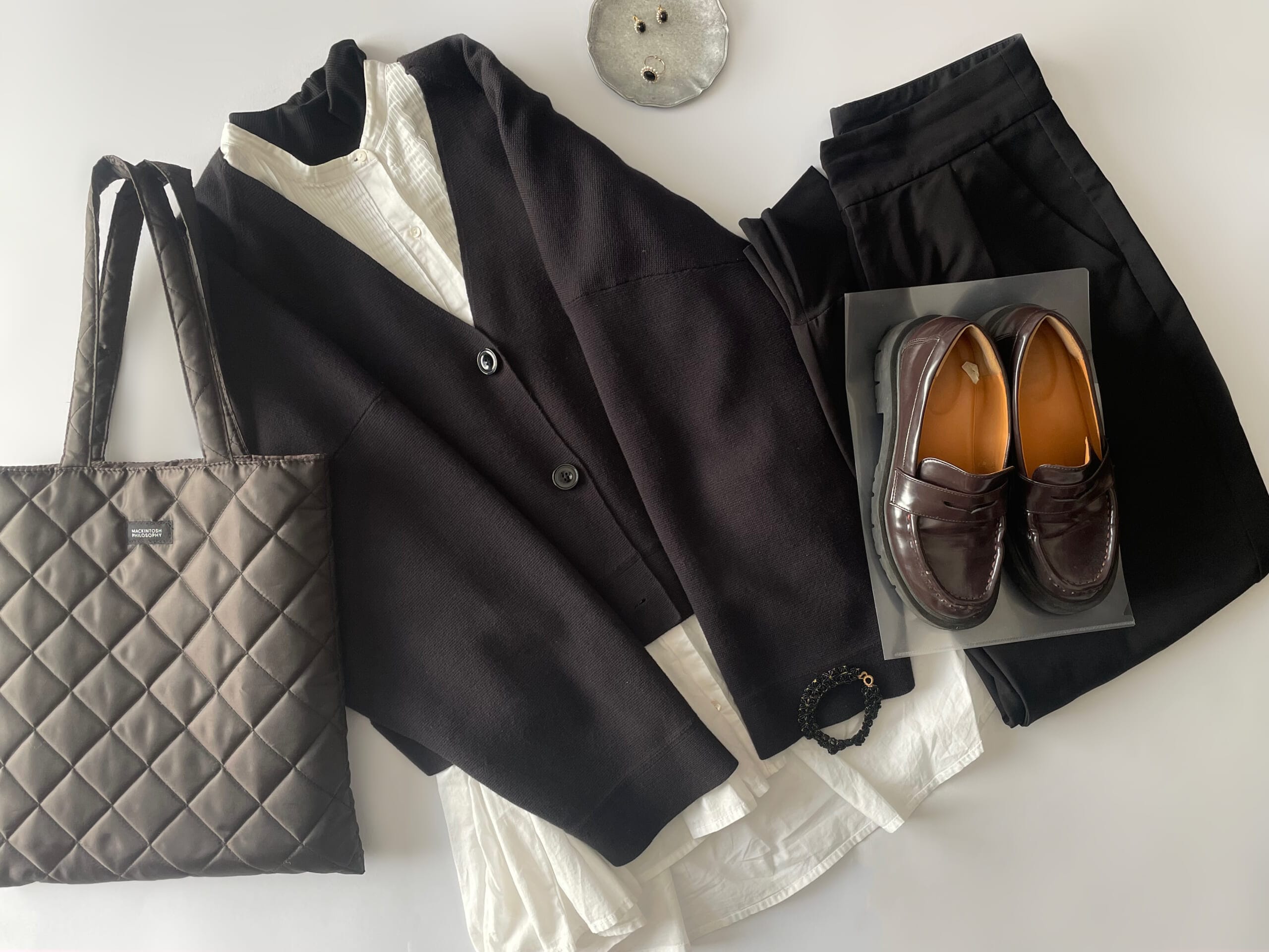 40代主婦の2025年10月下旬コーデ。GUのハイネックリブセーター、ミズイロインドのタックブラウス、ユニクロユーのミラノカーディガン、GUのジョガーパンツを合わせたフラットレイ画像。