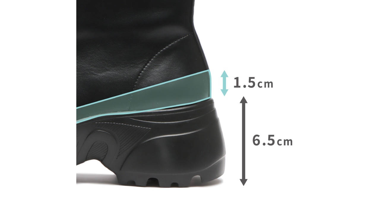 厚さ6.5㎝のスニーカーソール。1.5㎝のインヒールも内蔵