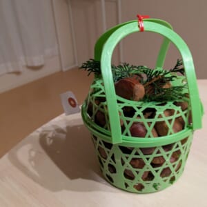 拾ってきた栗がたくさん入った緑のかご