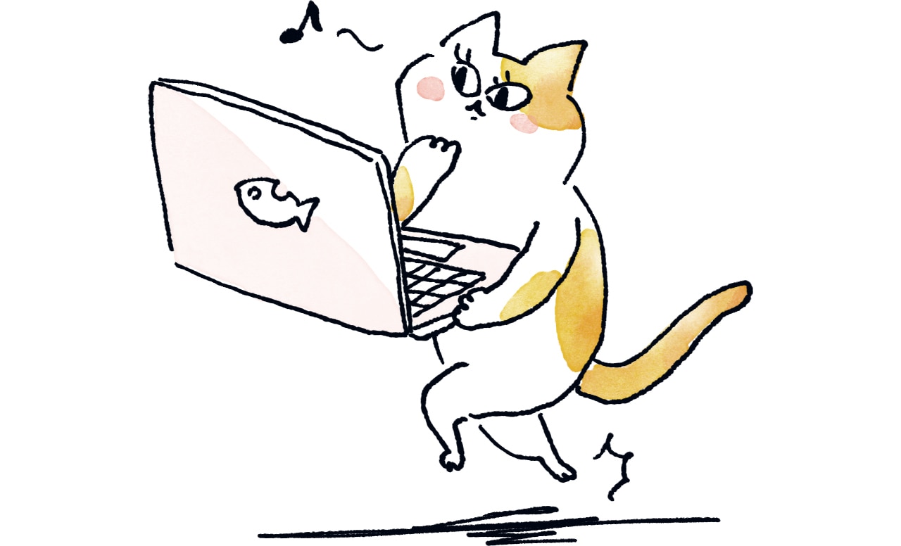 ノートPCをみている猫のイラスト