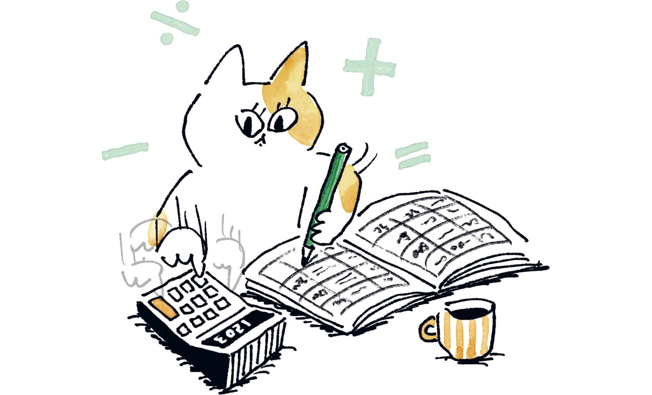 家計簿をつけている猫のイラスト