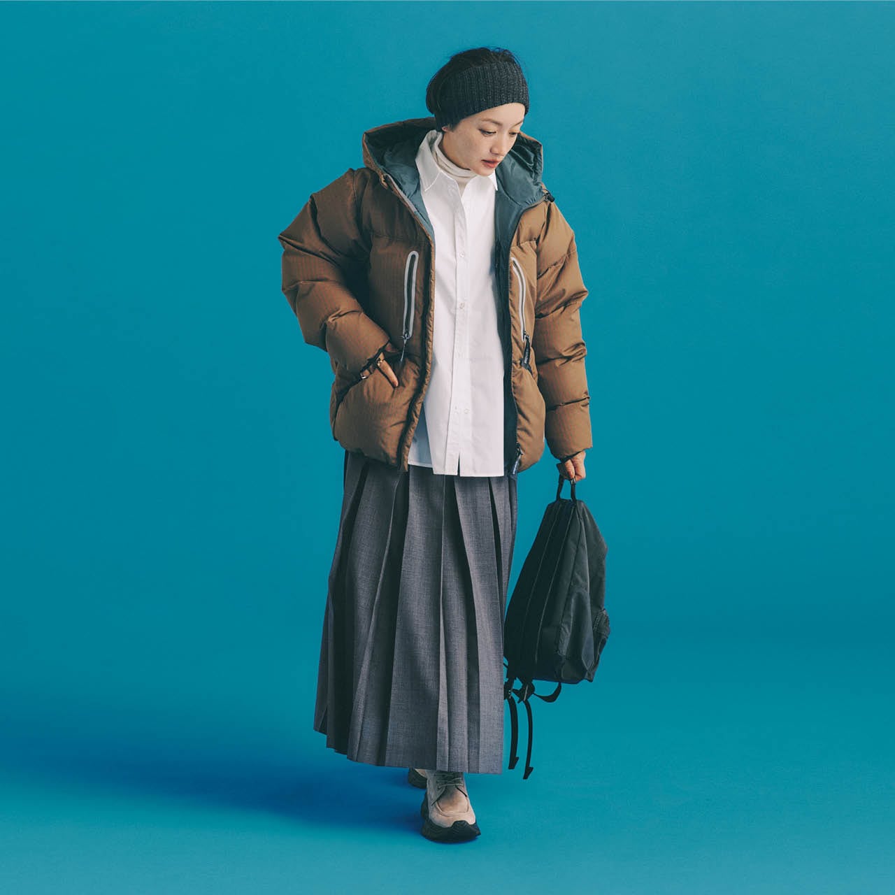 高山 都さんとand wander［ アンドワンダー ］のWOOL CHECK DOWN JACKET
