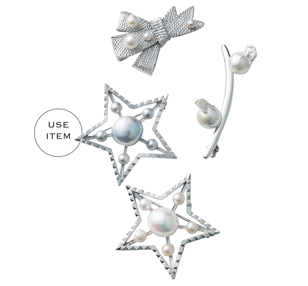 ブローチ(上から時計回りに)「羽パールコレクション」(あこやパール×SV)¥28600/マダマ京都本店(マダマ) 「トゥインクル パルレ(ホワイト)」(淡水パール×SV)¥55000・「トゥインクル パルレ(ライトグレー)」(淡水パール×SV)¥55000・「リュバンパール」(淡水パール×SV)¥46200/和光(プティコリエ)