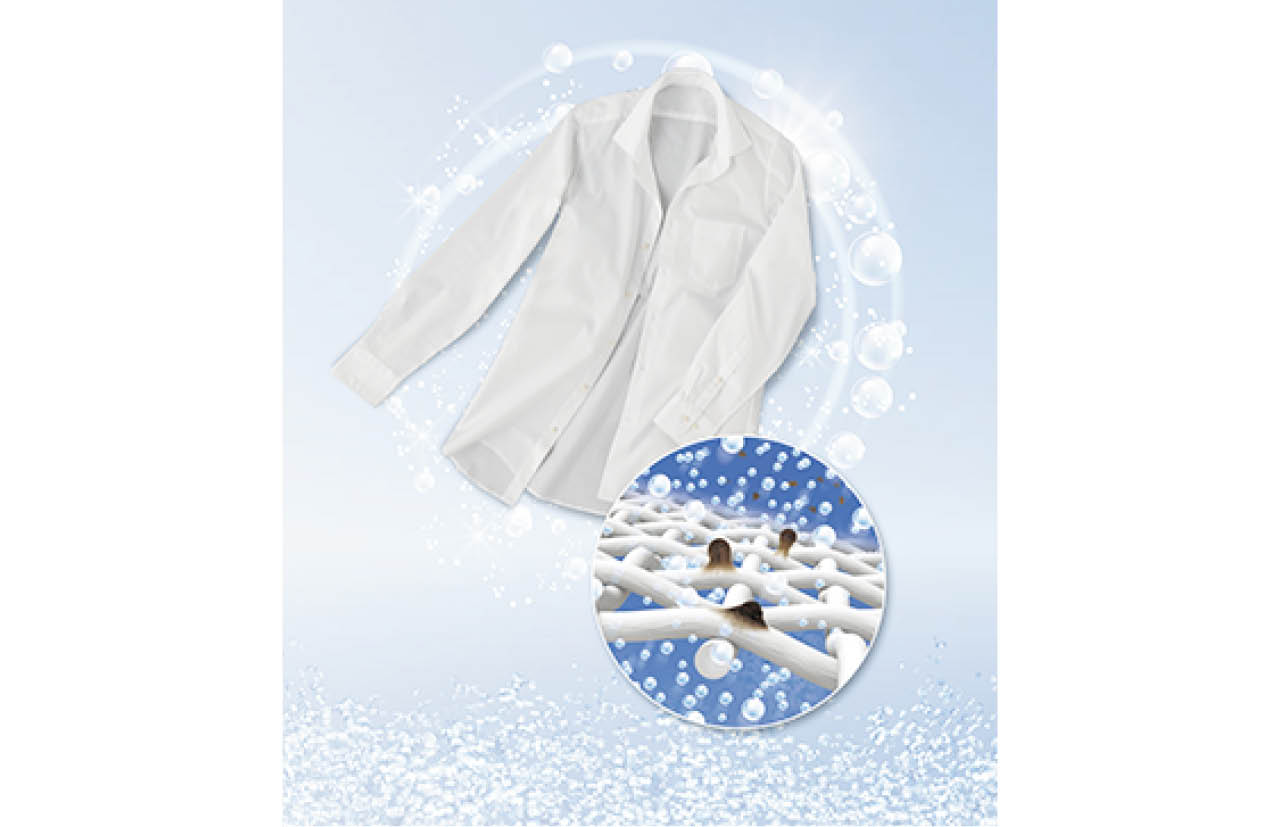 東芝ならではの『ウルトラファインバブル洗浄』で、ナノサイズの泡が洗剤の力を引き出し、繊維の奥の汚れまで落とします。