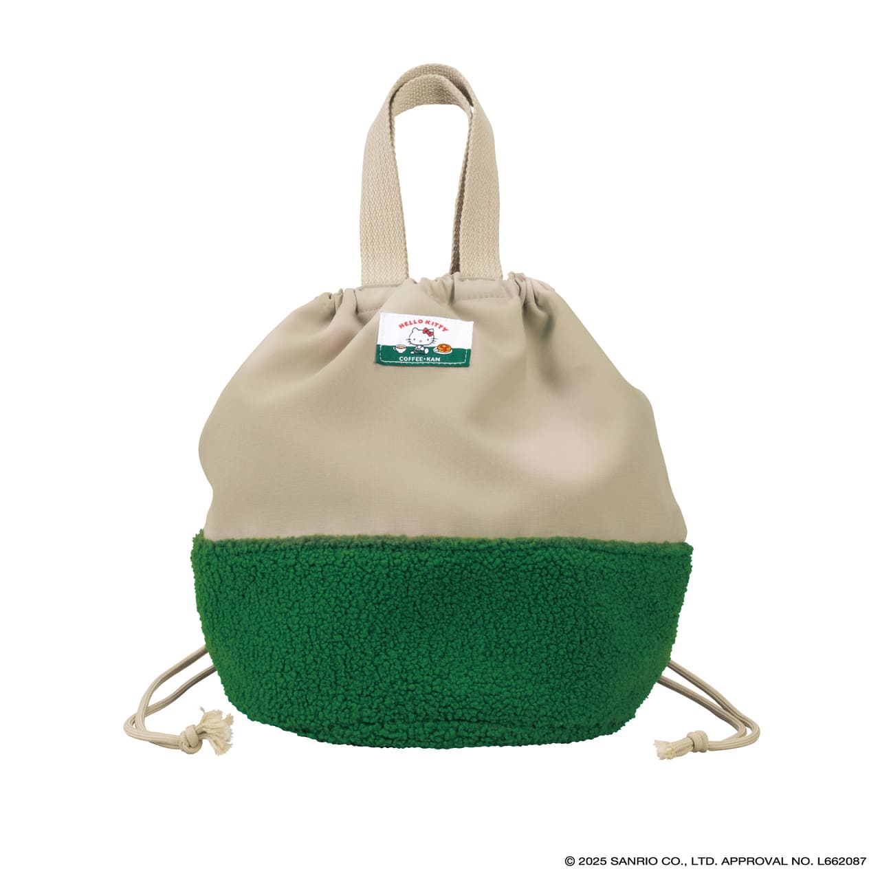 「ハローキティ×珈琲館 ハッピーバッグ2026」中身・異素材ミックスの「ボア巾着バッグ」グリーン×ベージュ