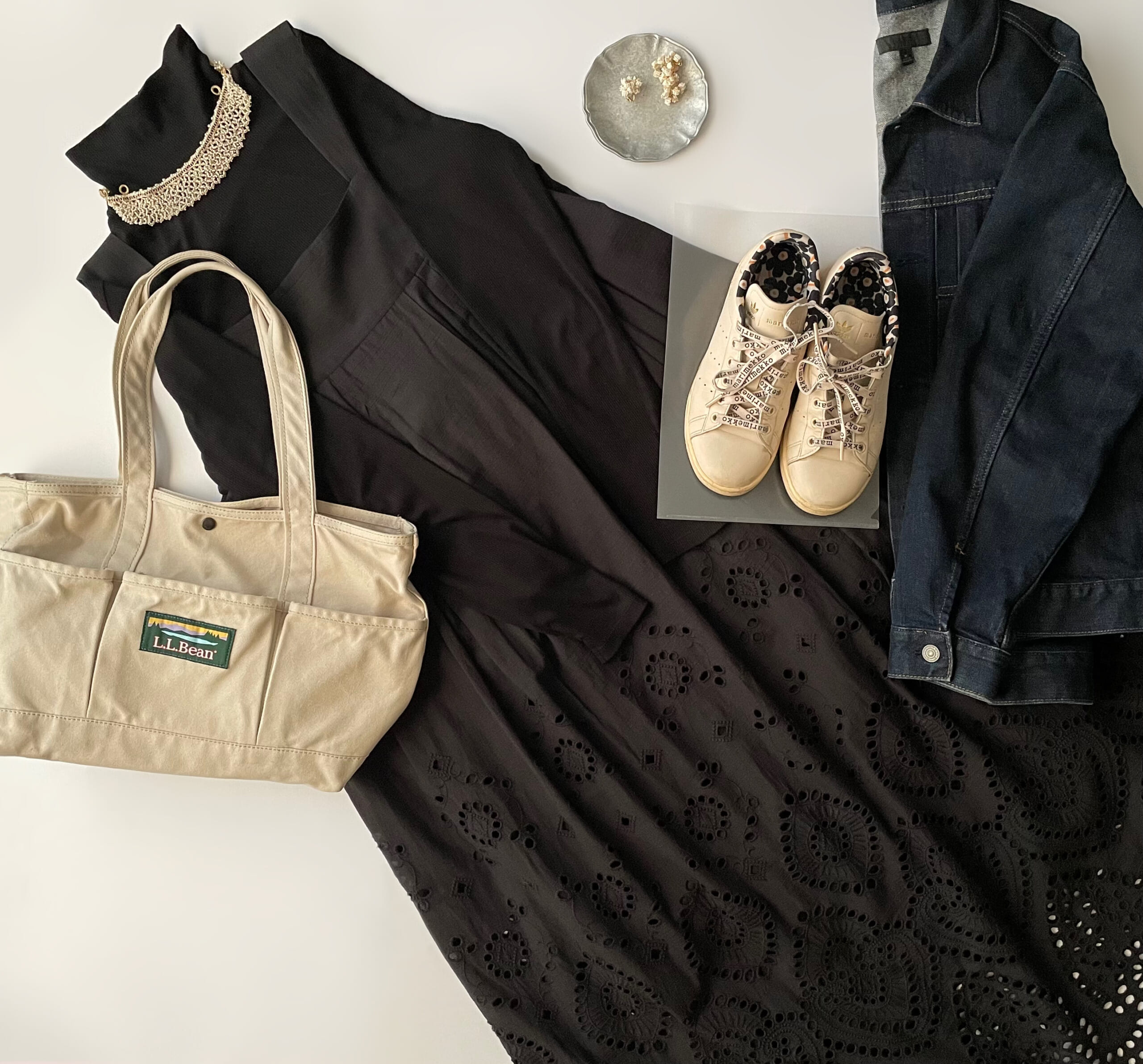 40代女性の2025年11月下旬コーデ、GUのハイネックT(黒)に12closetの刺繍ワンピースを合わせたフラットレイ画像。