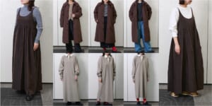 LEEマルシェのブラウンのコートとワンピースを身長別に試着