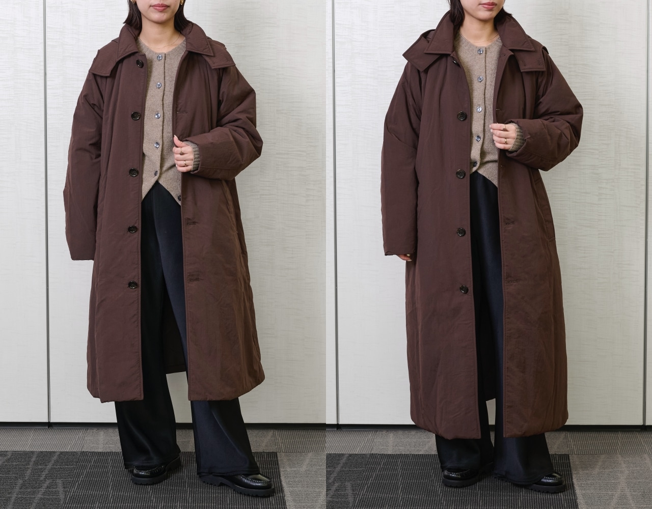 12closet【福田真琴さんコラボ】【洗える】撥水中綿フーディーコートのダークブラウンを身長152cmのスタッフが試着