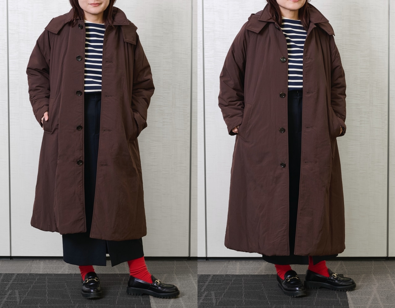 12closet【福田真琴さんコラボ】【洗える】撥水中綿フーディーコートのダークブラウンを身長156cmのスタッフが試着