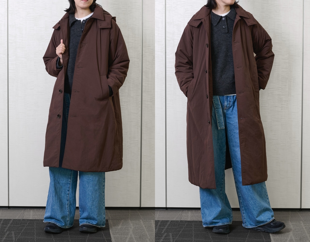 12closet【福田真琴さんコラボ】【洗える】撥水中綿フーディーコートのダークブラウンを身長170cmのスタッフが試着