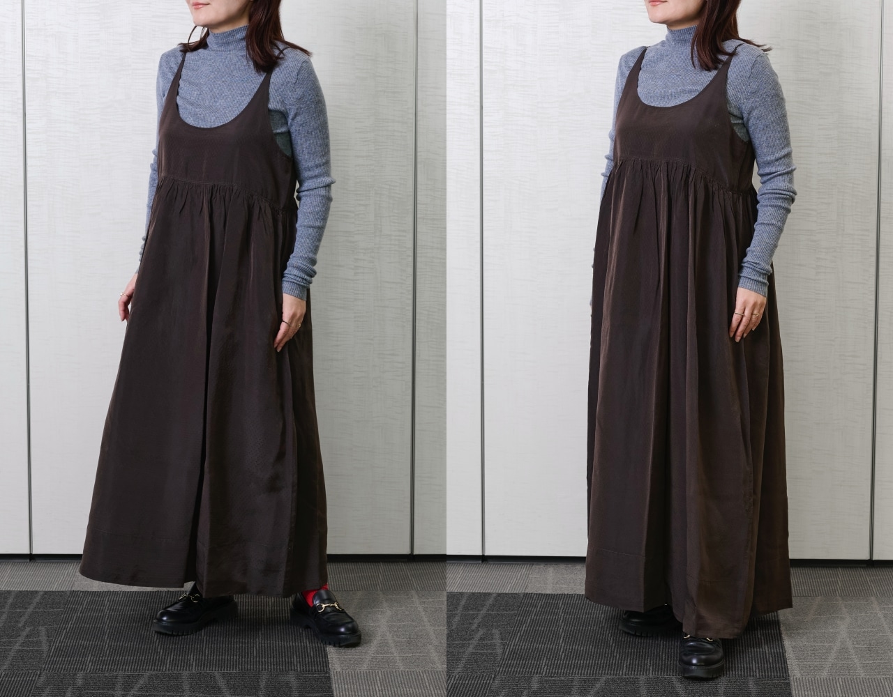 12closet 【石上美津江さんコラボ】【洗える】キュプラジャカードワンピースのブラウンを身長156cmのスタッフが試着