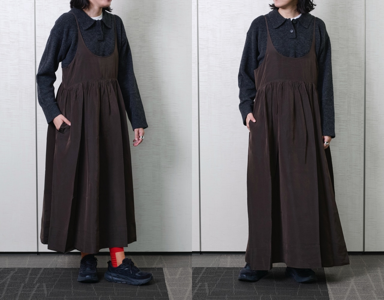 12closet 【石上美津江さんコラボ】【洗える】キュプラジャカードワンピースのブラウンを身長170cmのスタッフが試着