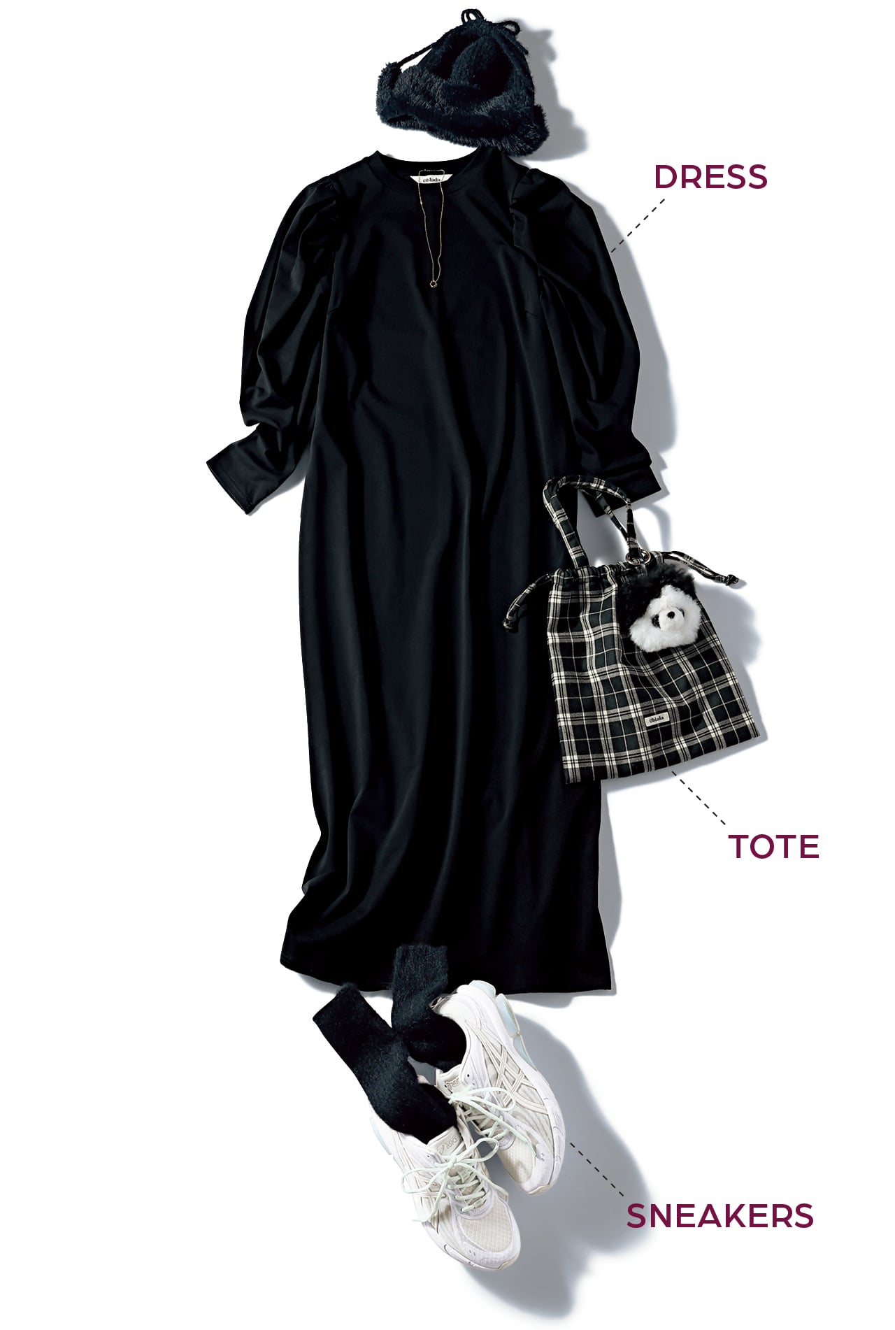 LEE限定 Oblada(オブラダ)【洗える】【LEE別注】SHIRRING DRESSとLEE限定 Oblada(オブラダ)【LEE別注】CHECK SACK TOTEとASICS SportStyle(アシックススポーツスタイル)GEL-QUANTUM 180 VIIIのコーデ