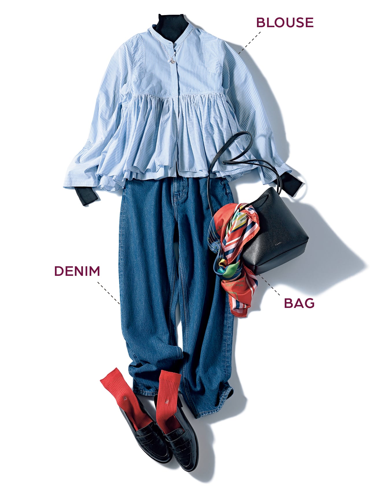 LEE限定 Curensology(カレンソロジー)【洗える】【LEE別注】ストライプレイヤードギャザーブラウスとLEE限定 RED CARD TOKYO(レッドカード トーキョー)【洗える】【LEE別注】【福田麻琴さんコラボ】スウィングデニムとYAHKI(ヤーキ)SHRINK SOFT W FACEのコーデ