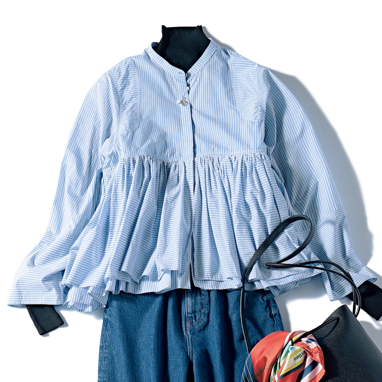 LEE限定 Curensology(カレンソロジー)【洗える】【LEE別注】ストライプレイヤードギャザーブラウス