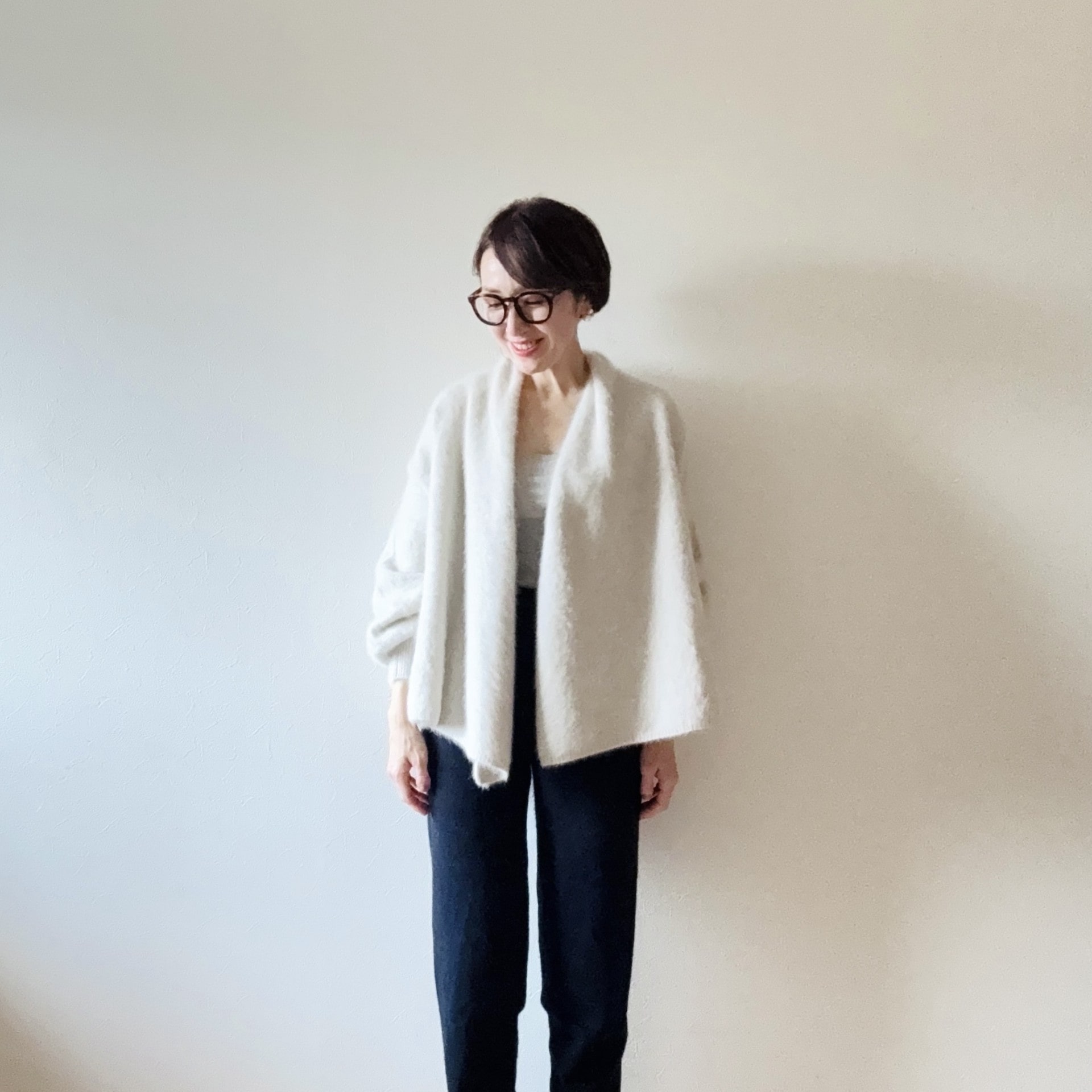 NOBLE FOX/Caファーニットカーディガン　ALLUDE カシミヤニットパンツ　GU サングラス