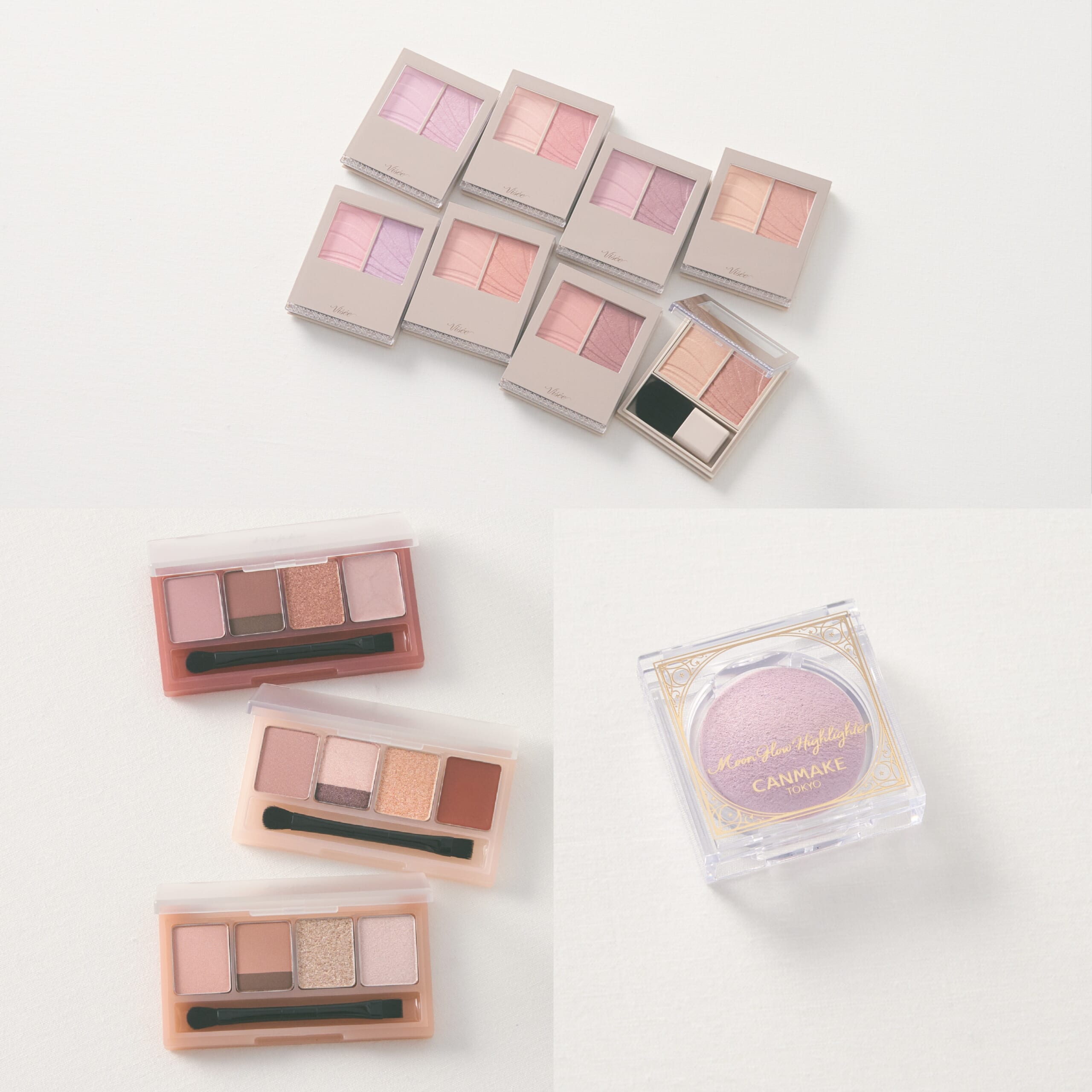 ヴィセのチーク、キャンメイクのハイライト、フジコのマルチパレット