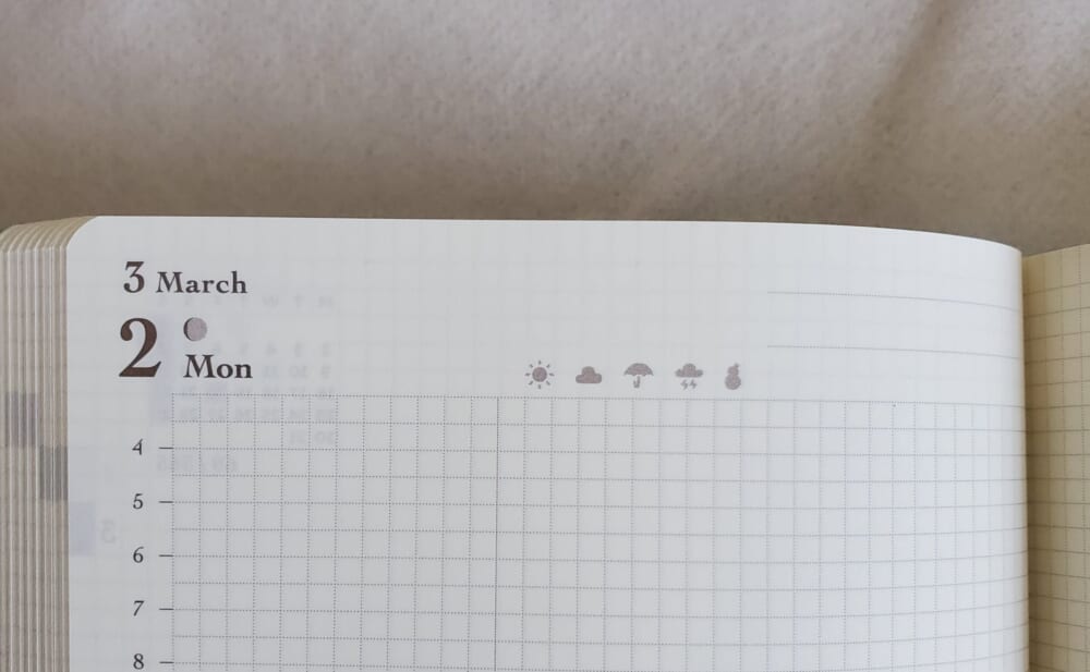 hibino手帳、お天気マーク、月の満ち欠け