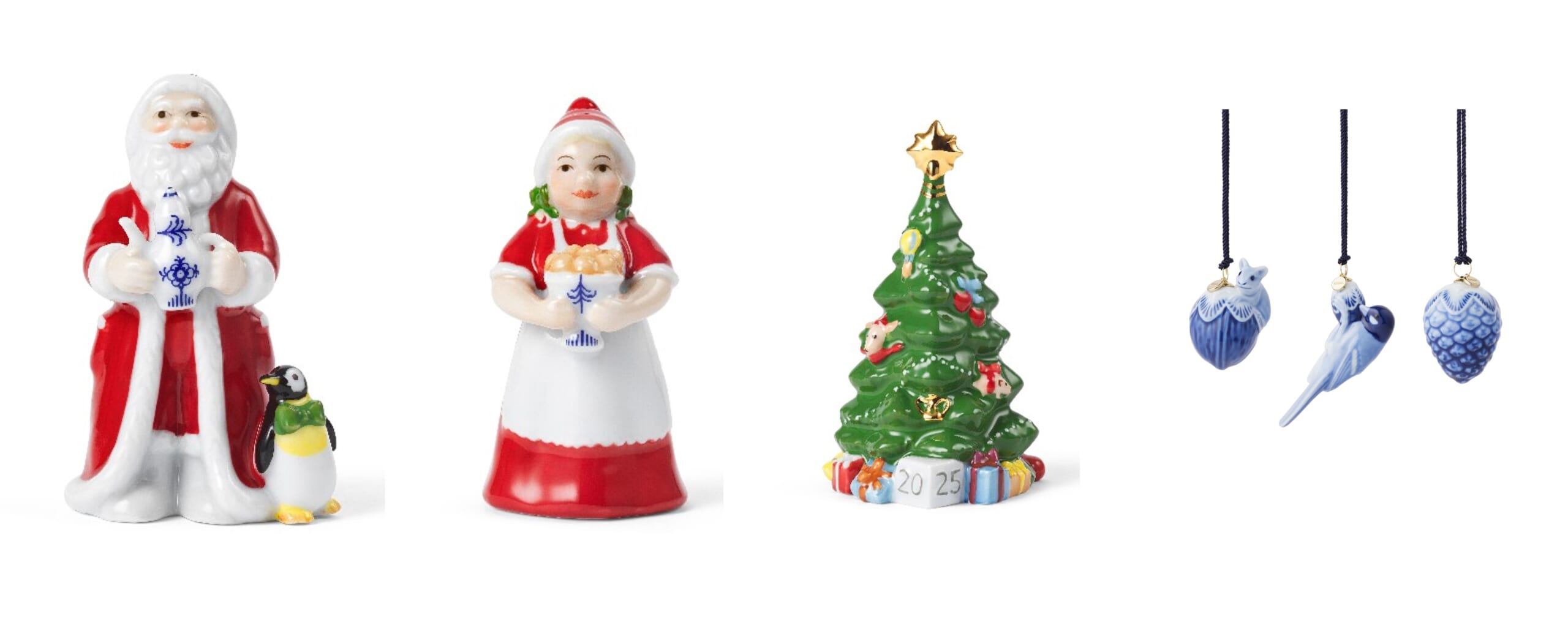 ロイヤル コペンハーゲン 2025年ホリデーシーズン　アニュアル サンタ 2025 (11CM）￥13200、アニュアル サンタ ワイフ 2025 (10CM）￥13200、アニュアル クリスマスツリー 2025 (14CM）￥15400、ミニオーナメント 3個セット（マウス：6x4.5x3.5CM/ バード：9.5x3x3CM/ コーン：6x4.5x4.5CM）￥28600